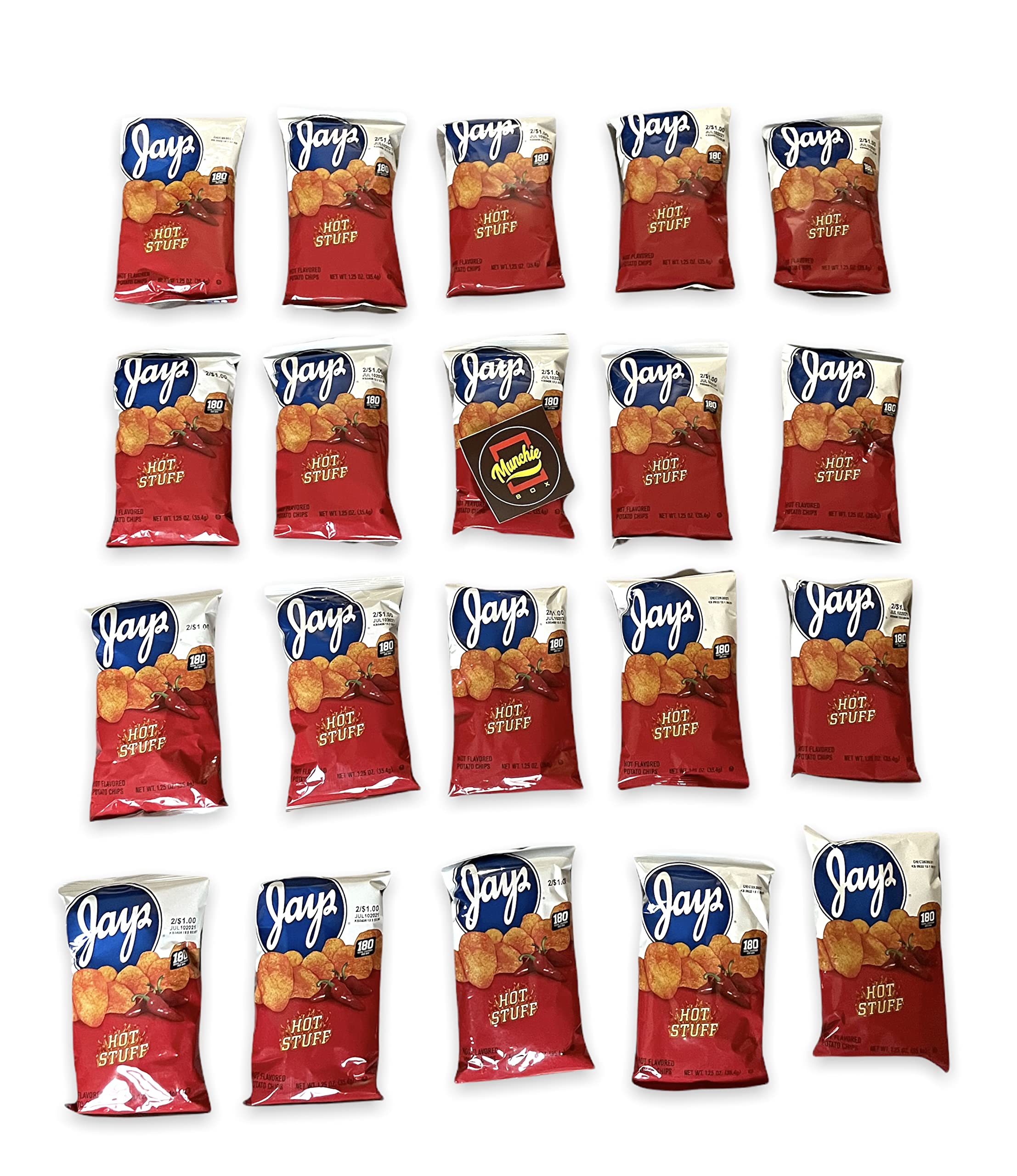 Jay's Hot Stuff Potato Chips - Chicago Style Spicy Snack (Pack of 20, 1.25oz Bags) | Crunchy Party Snacks for Game Night & Road Trips