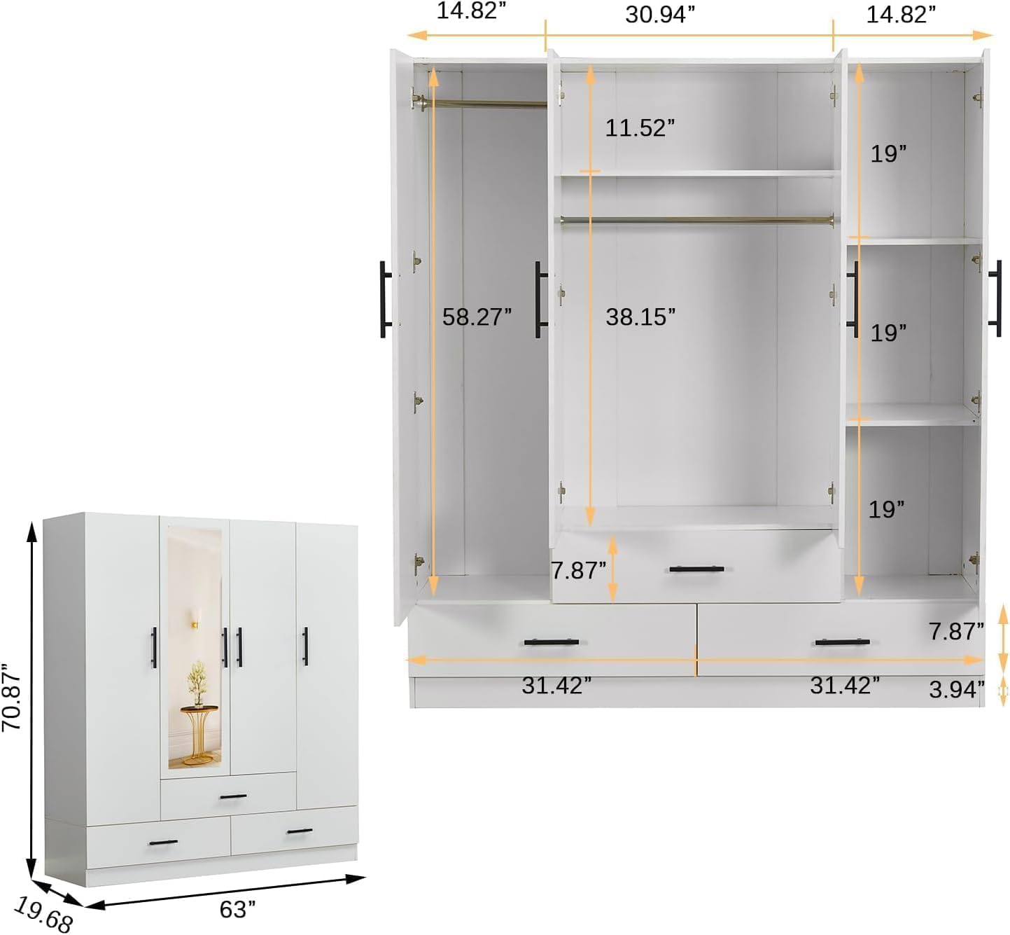 White 4-Door Wardrobe Closet with Mirror & 3 Drawers - Wooden Armoire Storage Cabinet for Bedroom Organization | Perfect for Master Bedroom, Guest Room, and Apartment Storage Solutions