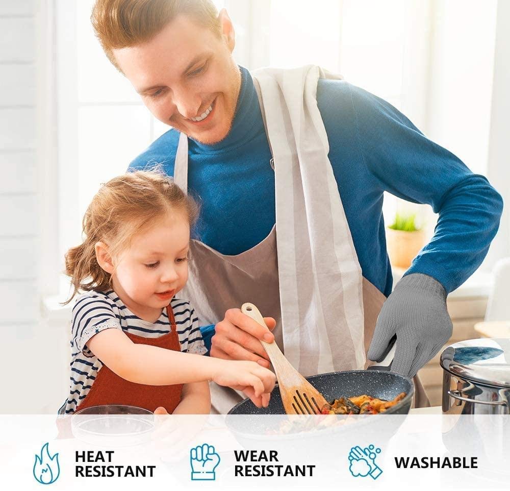Heat Resistant Oven Gloves - 1 Pair Grey Cotton Kitchen Mitts with Fingers for Cooking, Baking & Grilling - Double Layer Pot Holders for Hot Pans, BBQ & Baking Tray Handling