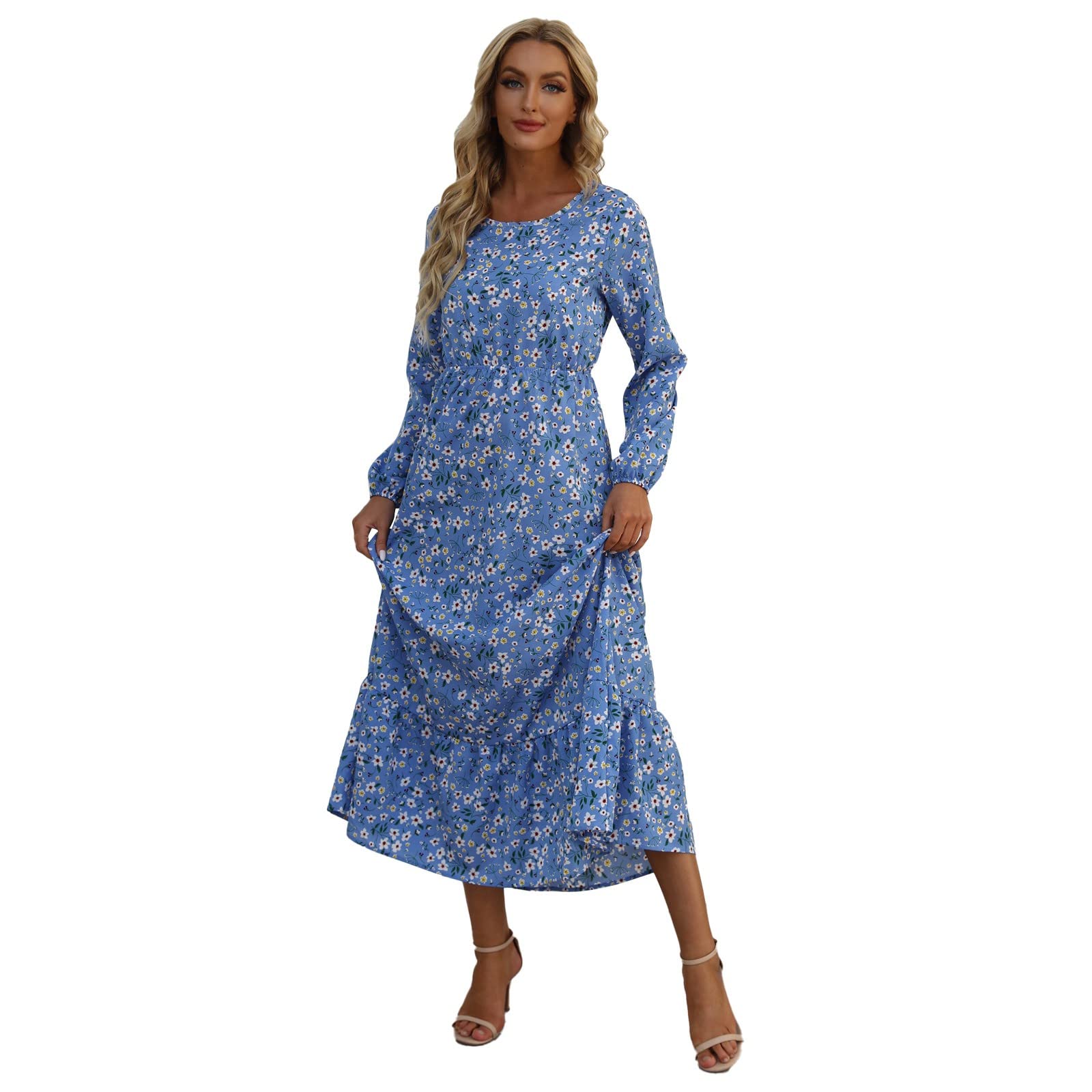 Women's Summer Floral Printed Long Sleeve Dress - Elegant Casual Ruffle Flowy Maxi Dress for Beach, Party & Vacation - Plus Size Options Available