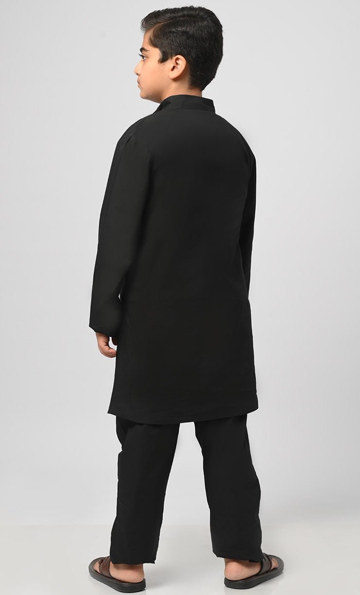 Bilal Muslim Boys Black Kurta Pajama Set - Islamic Prayer Outfit for Eid & Ramadan - Final Sale