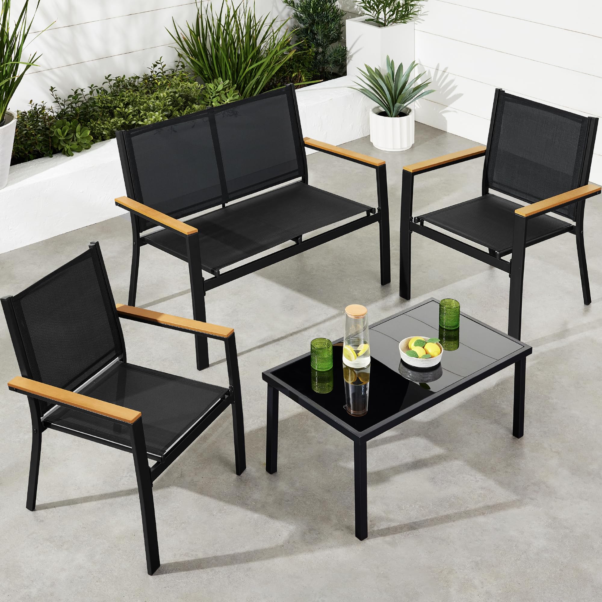 Best Choice Products 4-Piece Outdoor Textilene Patio Conversation Set with Loveseat & Coffee Table - Durable Steel Frame in Black - Perfect for Backyard, Garden, and Poolside Relaxation
