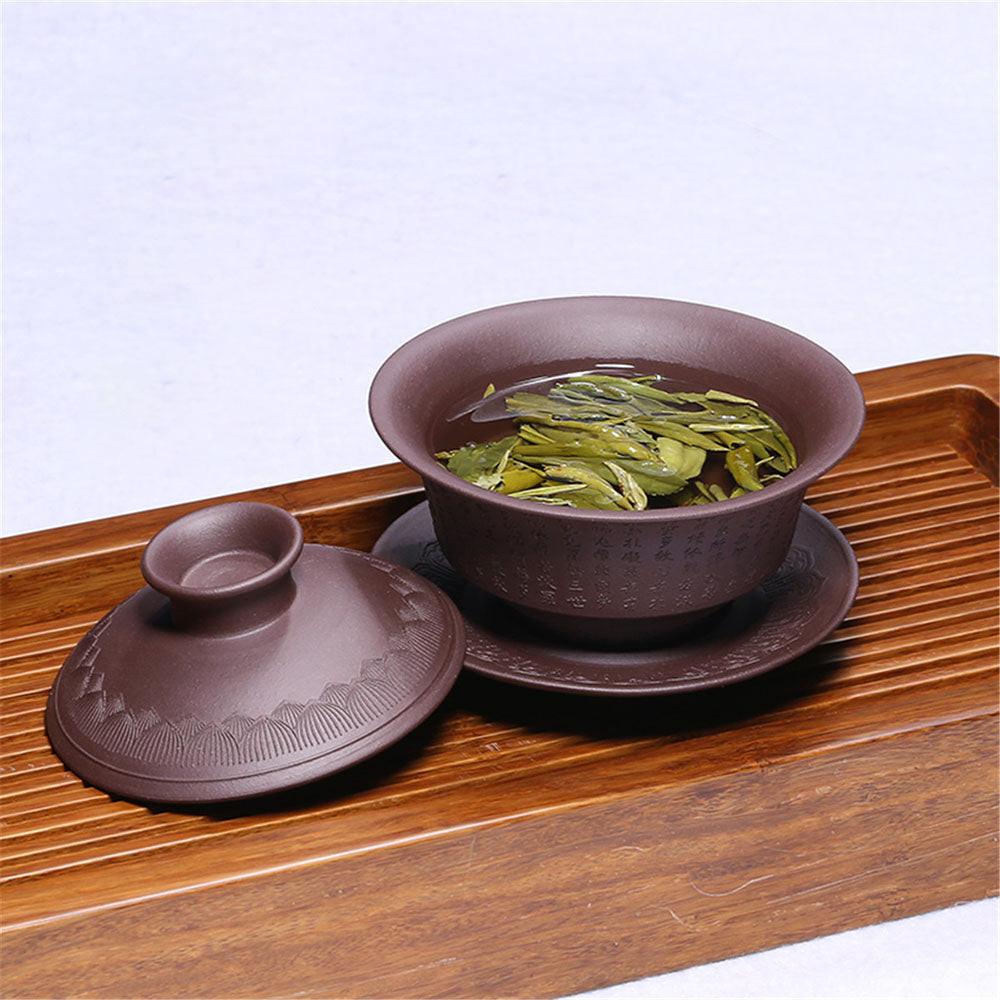 Yixing Purple Clay Heart Sutra Gaiwan - Chinese Ceramic Tea Set for Gongfu Brewing, Perfect for Meditation & Zen Tea Ceremony