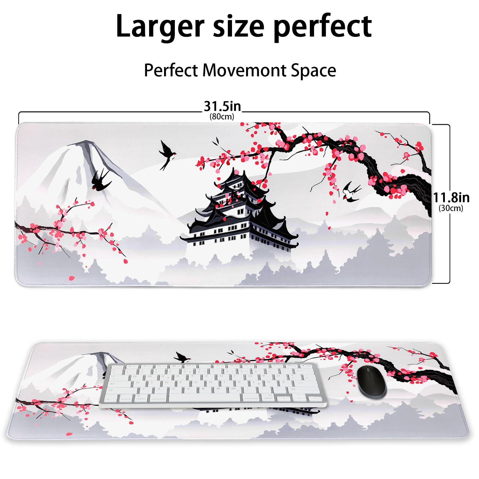 Japanese Cherry Blossom Gaming Mouse Pad - 31.5x11.8 Inch Large Pink Sakura Design, Non-Slip Rubber Base, Waterproof Surface with Stitched Edges - Perfect for Gaming, Office Work & Home Computer Setup
