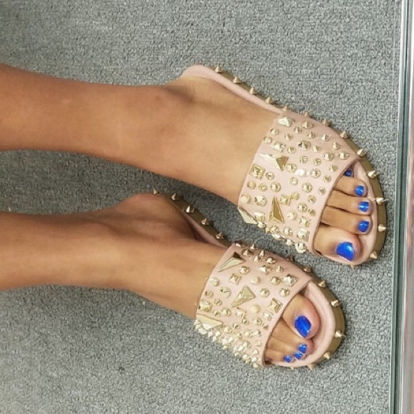 Toya Nude Studded Spiked Slides - Women's Fashion Sandals for Summer | Comfortable & Stylish Outdoor Slides for Beach, Pool, and Casual Wear