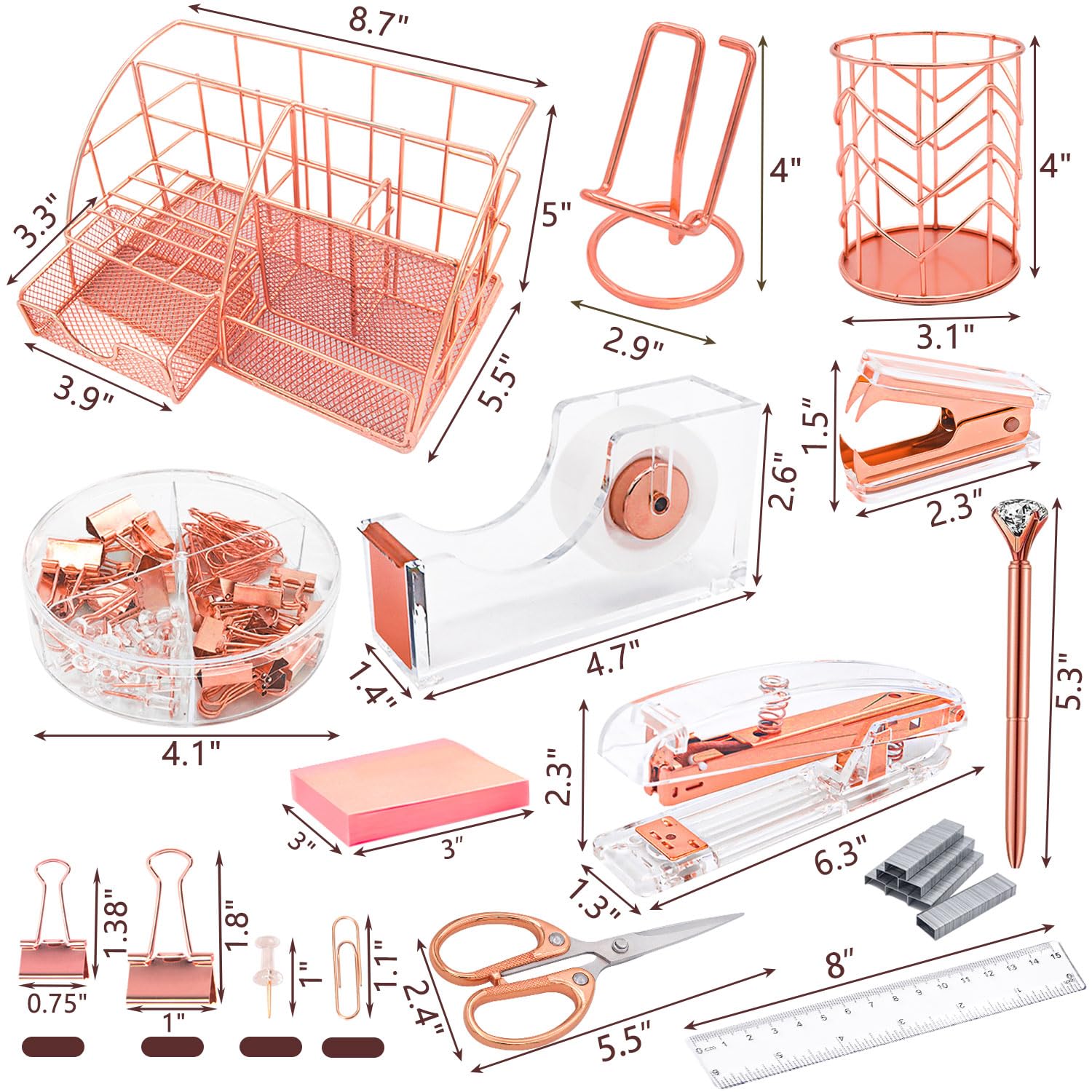 Rose Gold 13-Piece Office Desk Organizer Set - Acrylic Stapler, Staple Remover, Paper Clips, Scissors, Phone Stand, Pens & Pen Holder, Tape Dispenser - Perfect for Home Office, Workspace & School Organization