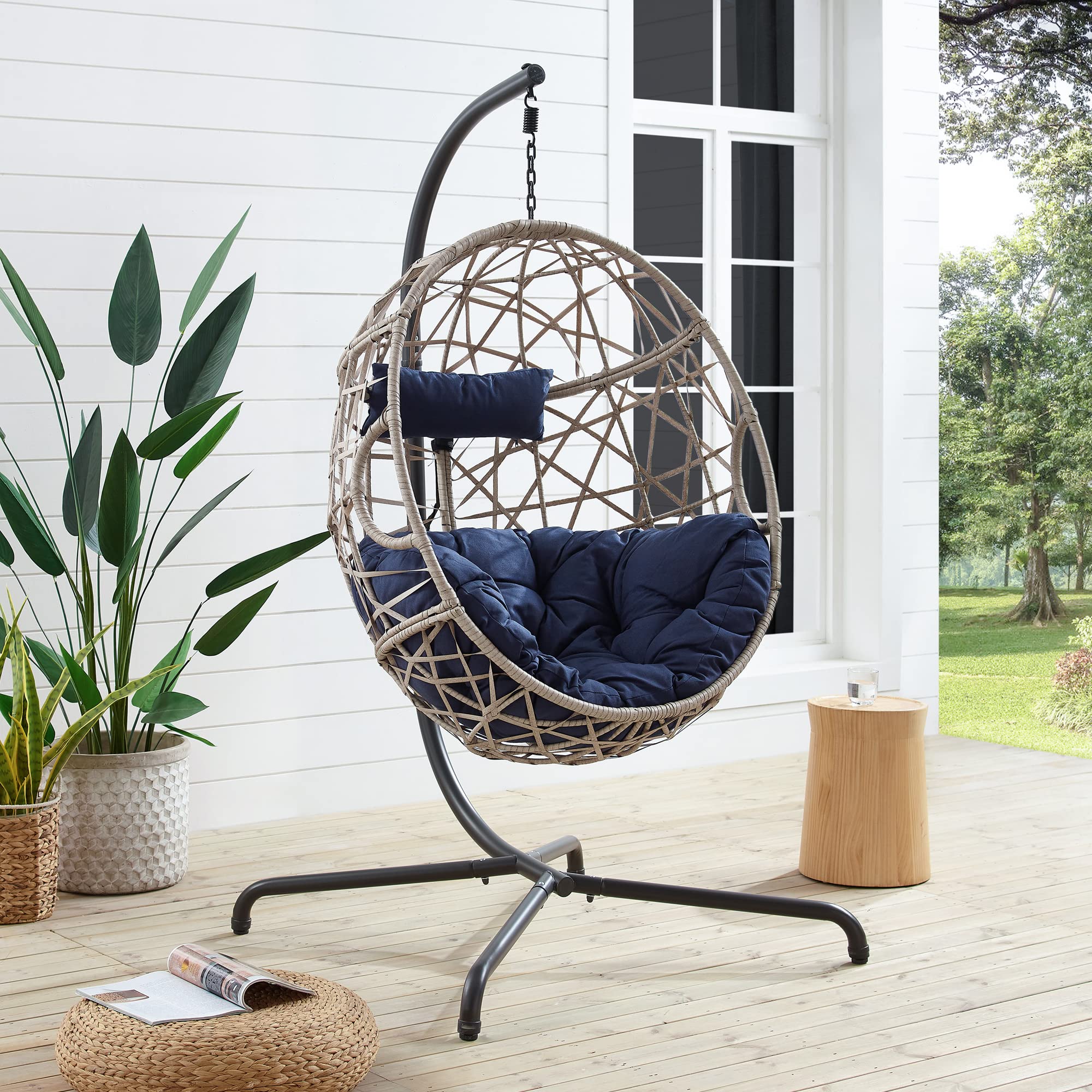 Ulax Egg Hanging Swing Chair with Stand - Outdoor Patio Wicker Hammock Chair with Cushion - Navy Blue Hanging Lounge Chair for Garden, Balcony & Backyard Relaxation