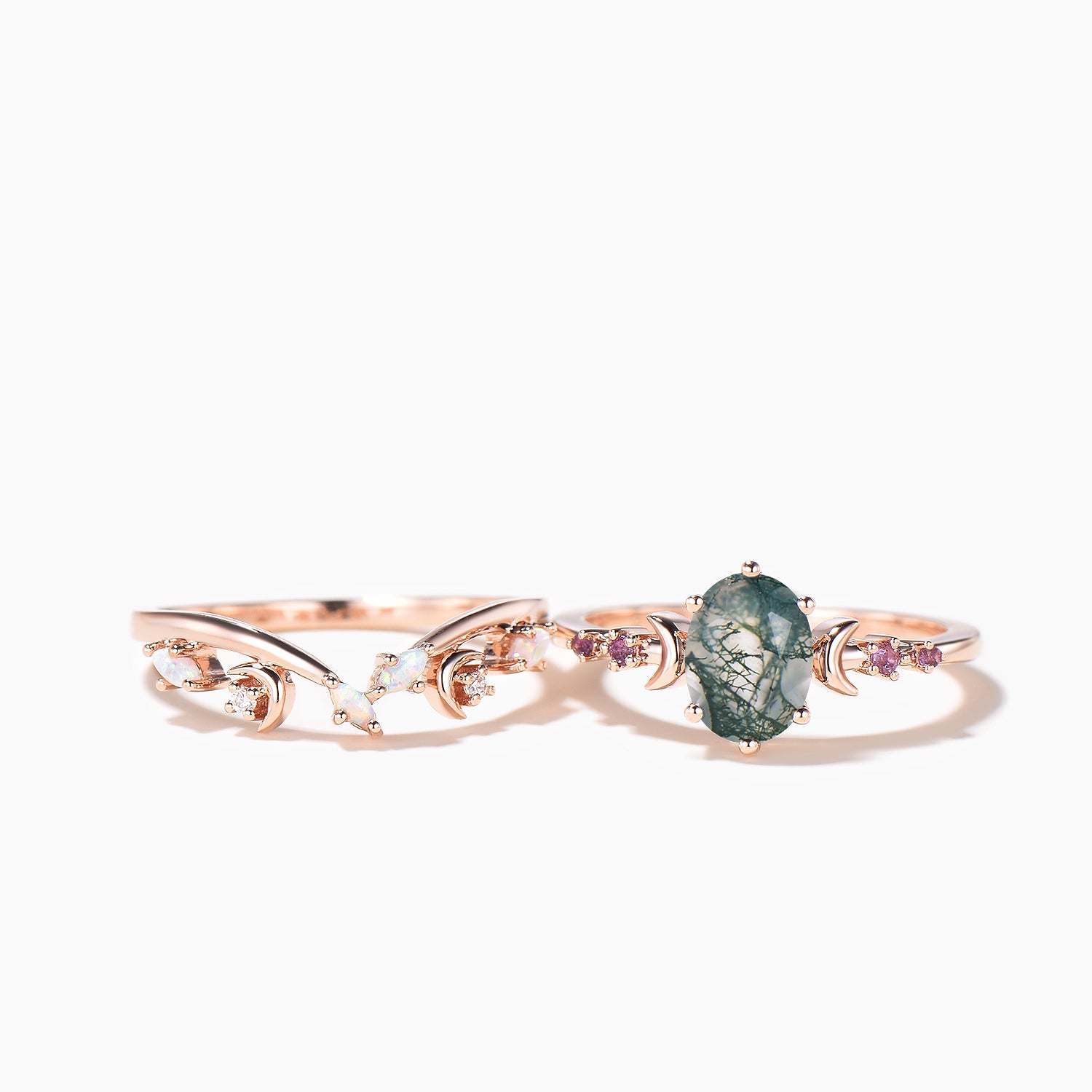 Natural Moss Agate & Amethyst Oval Cut Crescent Moon Ring for Women - Elegant Bridal Jewelry, Wedding Band, Boho Engagement Ring, Spiritual Gift for Her