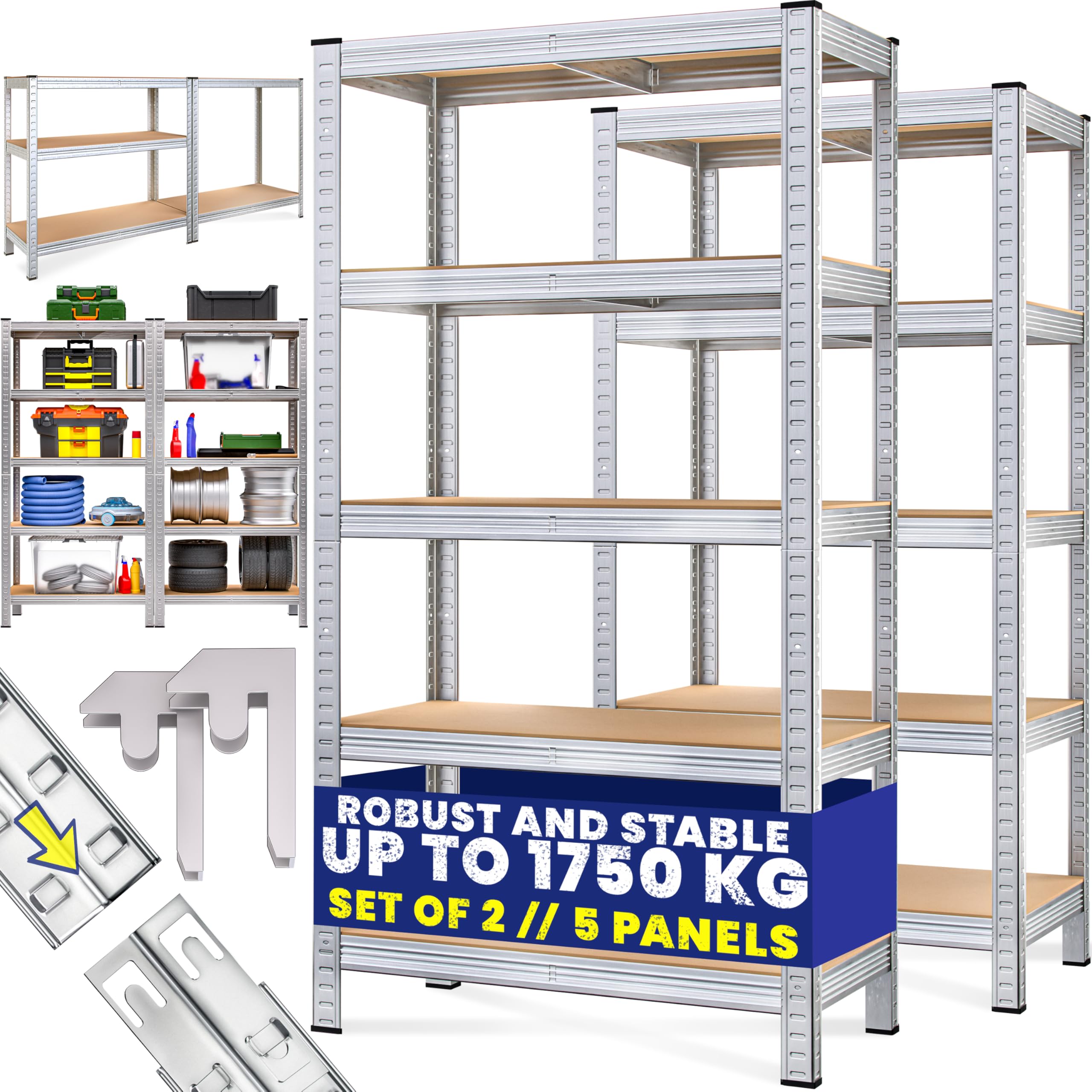 Monzana® 2-Pack Heavy Duty 5-Tier Garage Shelving Units - 180x90x60cm, 875kg Capacity - Boltless MDF Panel Storage Racks for Basement, Workshop & Garage Organization - Galvanized Steel Shelves for Home & Commercial Use