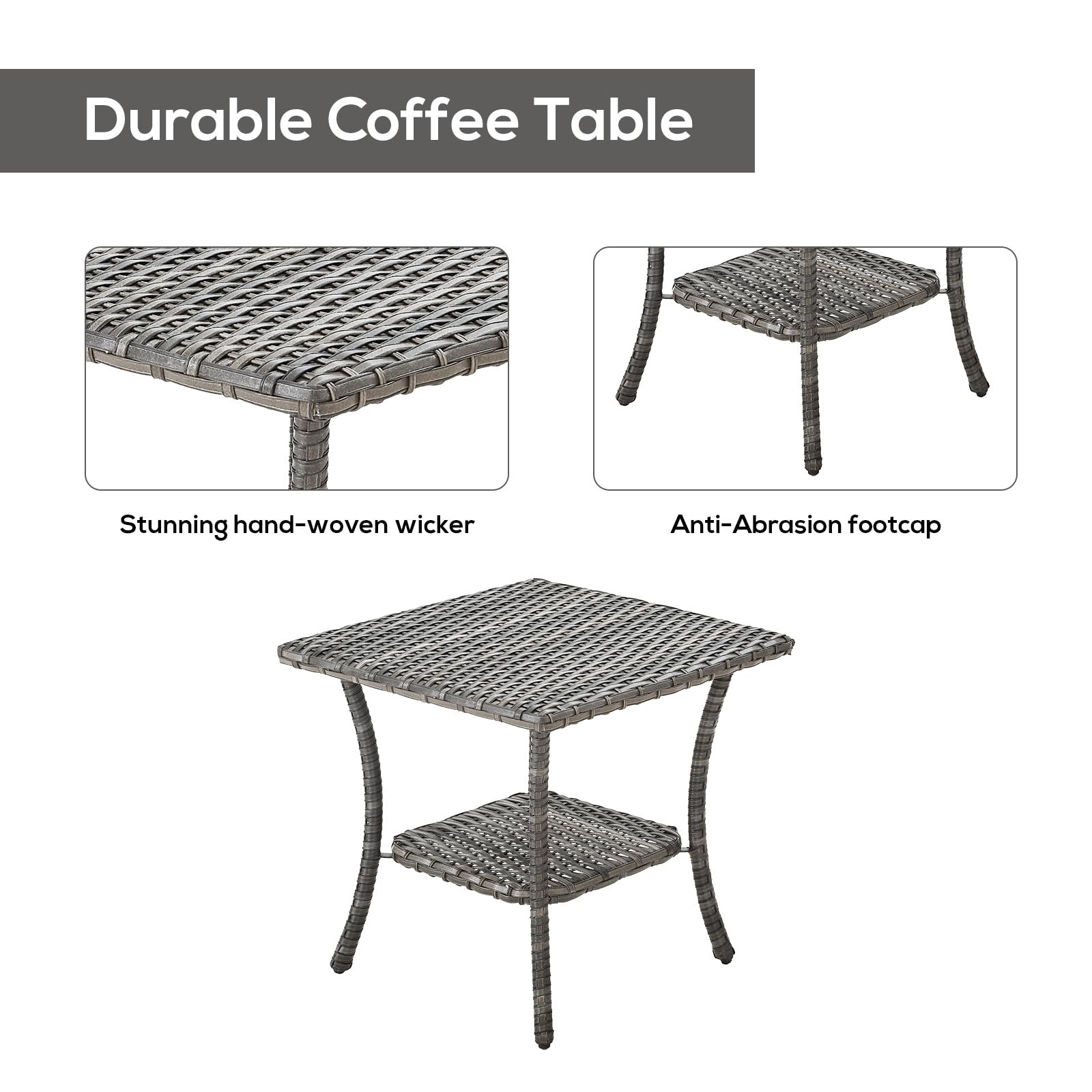 Outdoor Wicker Coffee Table with 2-Tier Storage - Square Rattan Side Table for Patio, Porch, Deck, Balcony & Garden | Weather-Resistant Mixed Grey Finish | Perfect for Outdoor Entertaining & Small Space Storage