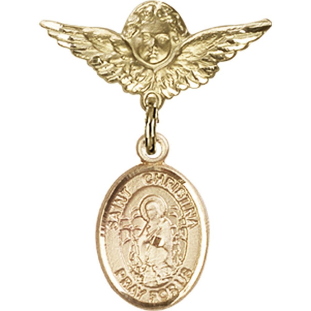 Gold Filled St. Christina The Astonishing Charm Angel Wing Badge Pin - 1 x 3/4 Inch Religious Jewelry for Baby Baptism, Christening Gifts & First Communion