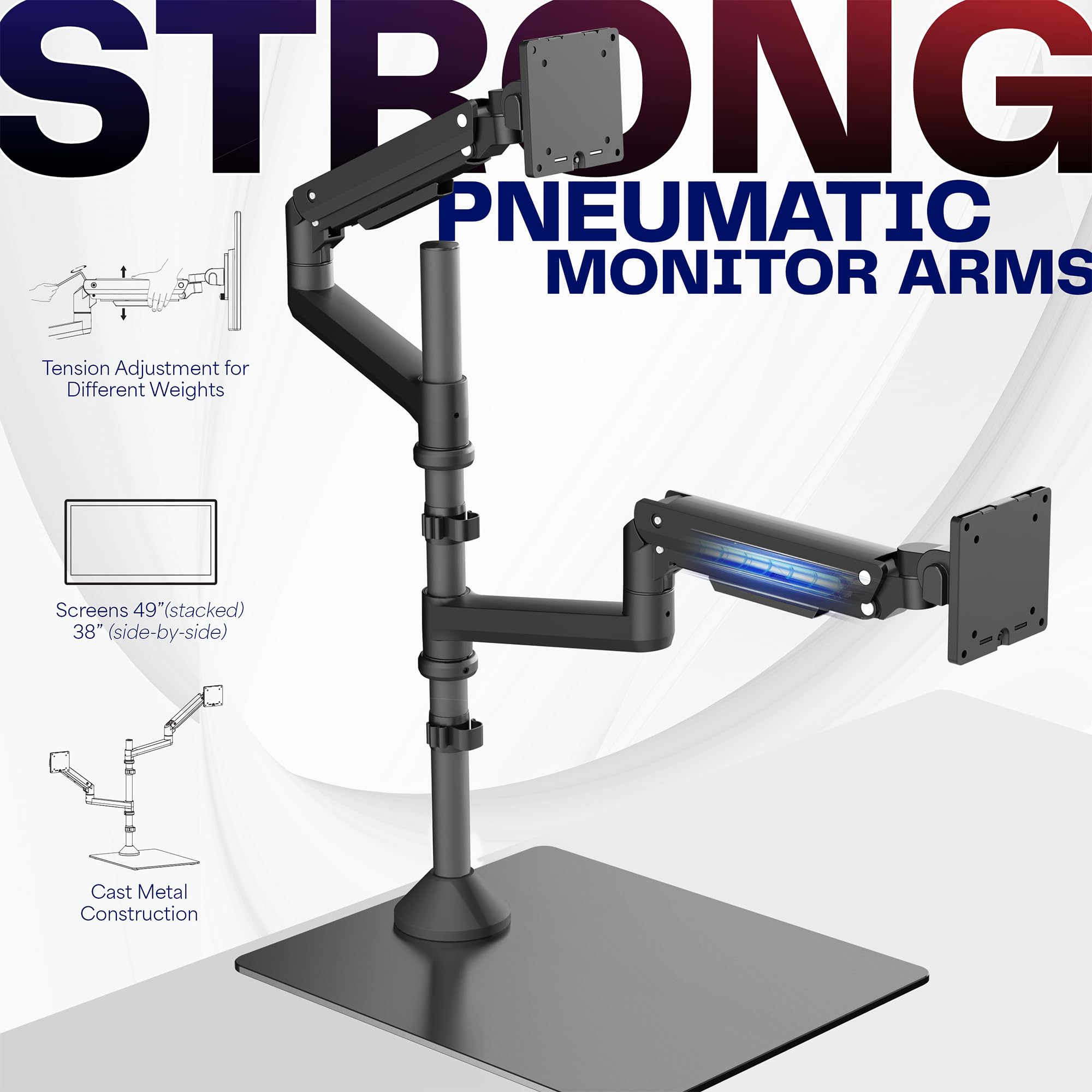 VIVO Dual Monitor Arm Stand for 49 inch Screens - Pneumatic Height Adjustable Ultrawide Monitor Mount with Tempered Glass Base, Holds 2 Monitors Up to 30.8 lbs, Black (STAND-V249FG) - Perfect for Home Office, Gaming Setup, and Workspace Ergonomics