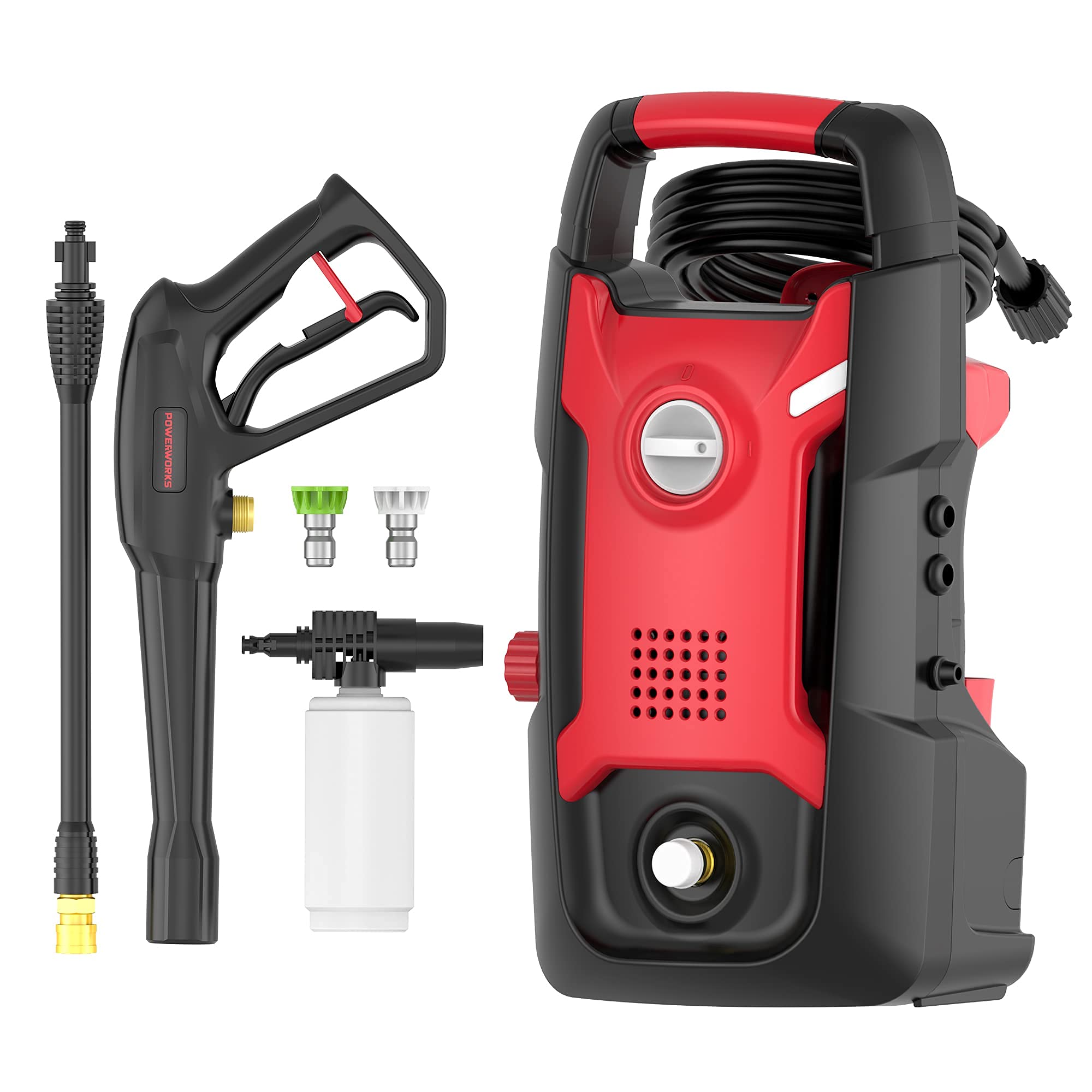 POWERWORKS 1700 PSI 1.2 GPM Electric Pressure Washer with 20ft Hose & 3 Nozzles - PWMA Certified for Car Washing, Garden Cleaning & Outdoor Home Maintenance (Red)