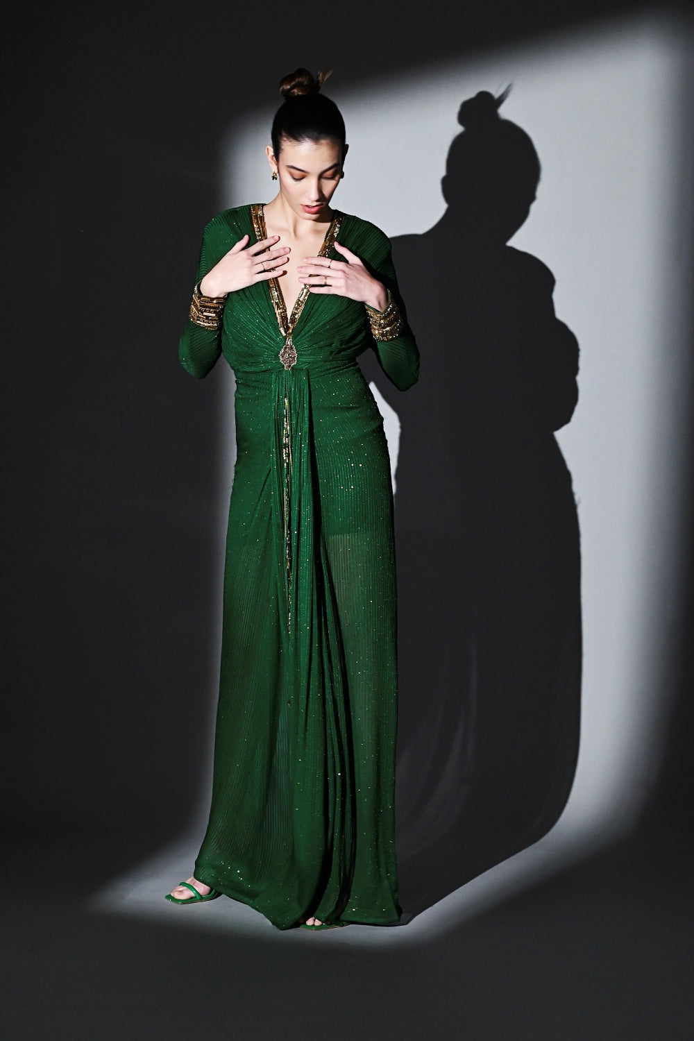 Elegant Emerald Green Draped Dress with Handcrafted Gold Embroidery - Perfect for Weddings, Parties & Special Occasions