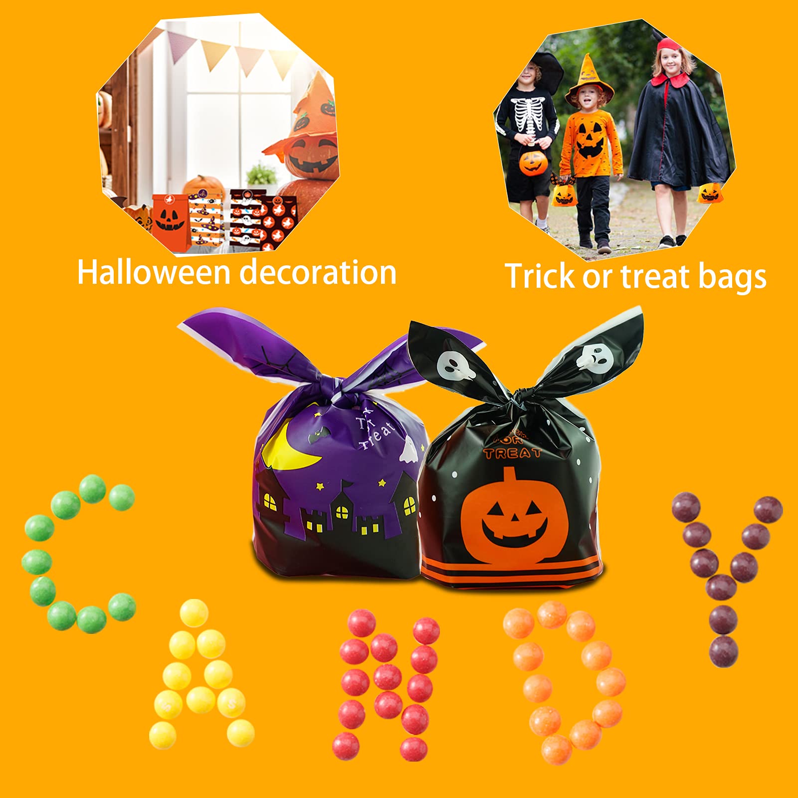 Hikkcos 100 PCS Halloween Treat Bags - Drawstring Candy Party Favor Bags for Kids, Halloween Goodie Bags for Chocolate, Cookies & Snacks - Perfect for Trick or Treat, Classroom Parties & Halloween Decorations