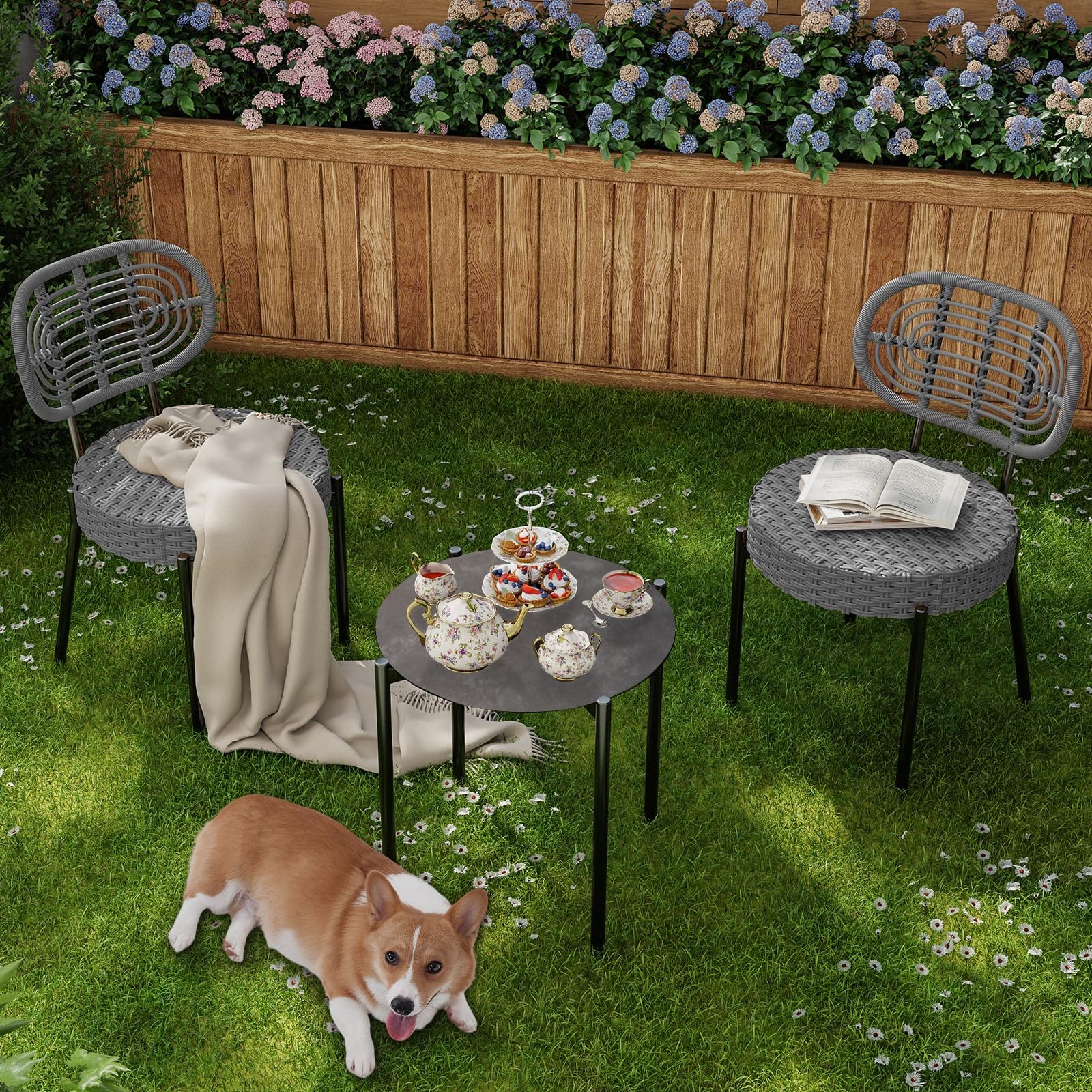 GARVEE 3-Piece Outdoor Patio Bistro Set - Black & Grey Wicker Rattan Chairs with Table - Perfect for Backyard, Deck, Garden & Balcony Relaxation