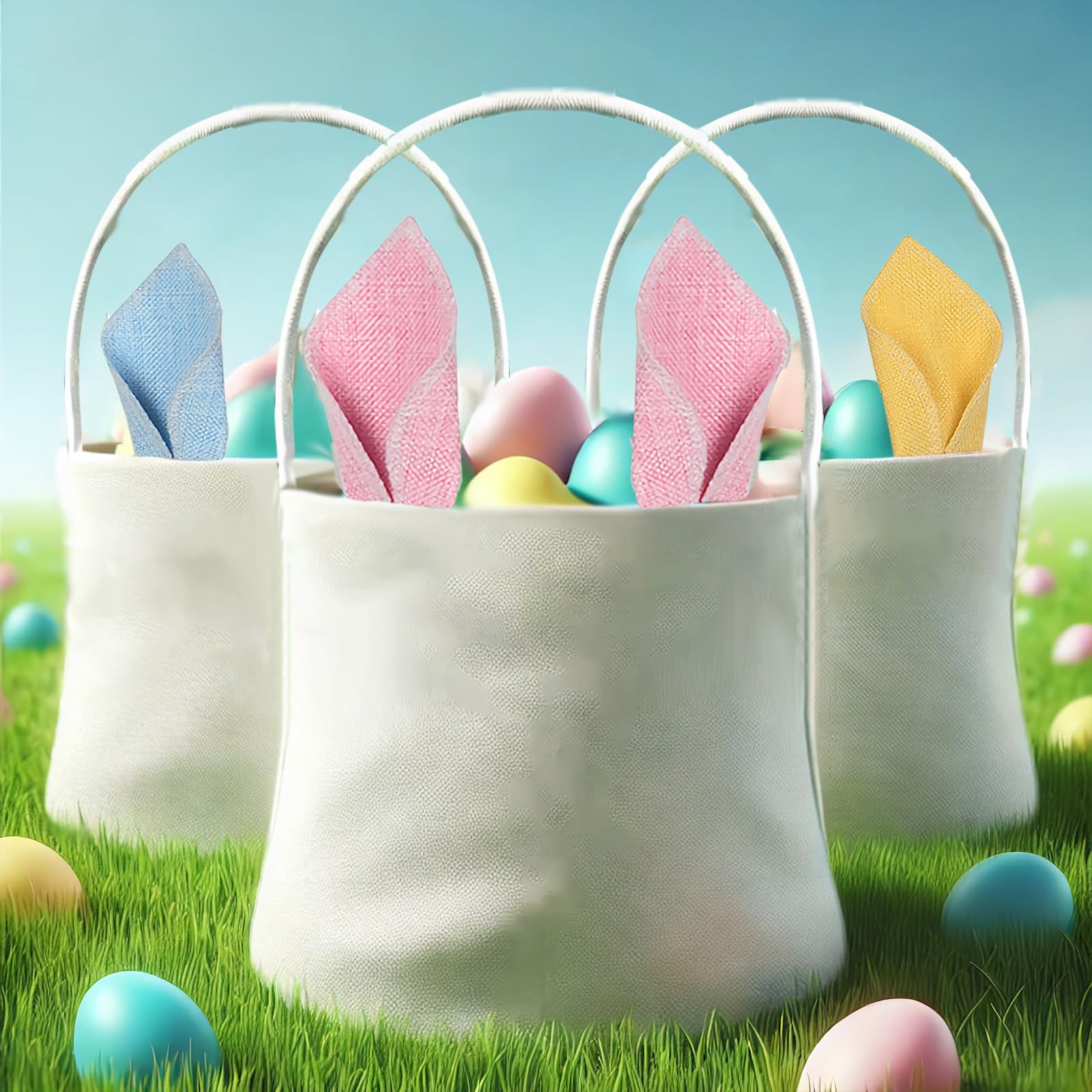 3 Pack Personalized Easter Bunny Egg Canvas Tote Baskets - DIY Easter Party Favor Supplies for Kids, Easter Egg Hunt, Spring Decor & Gift Giving
