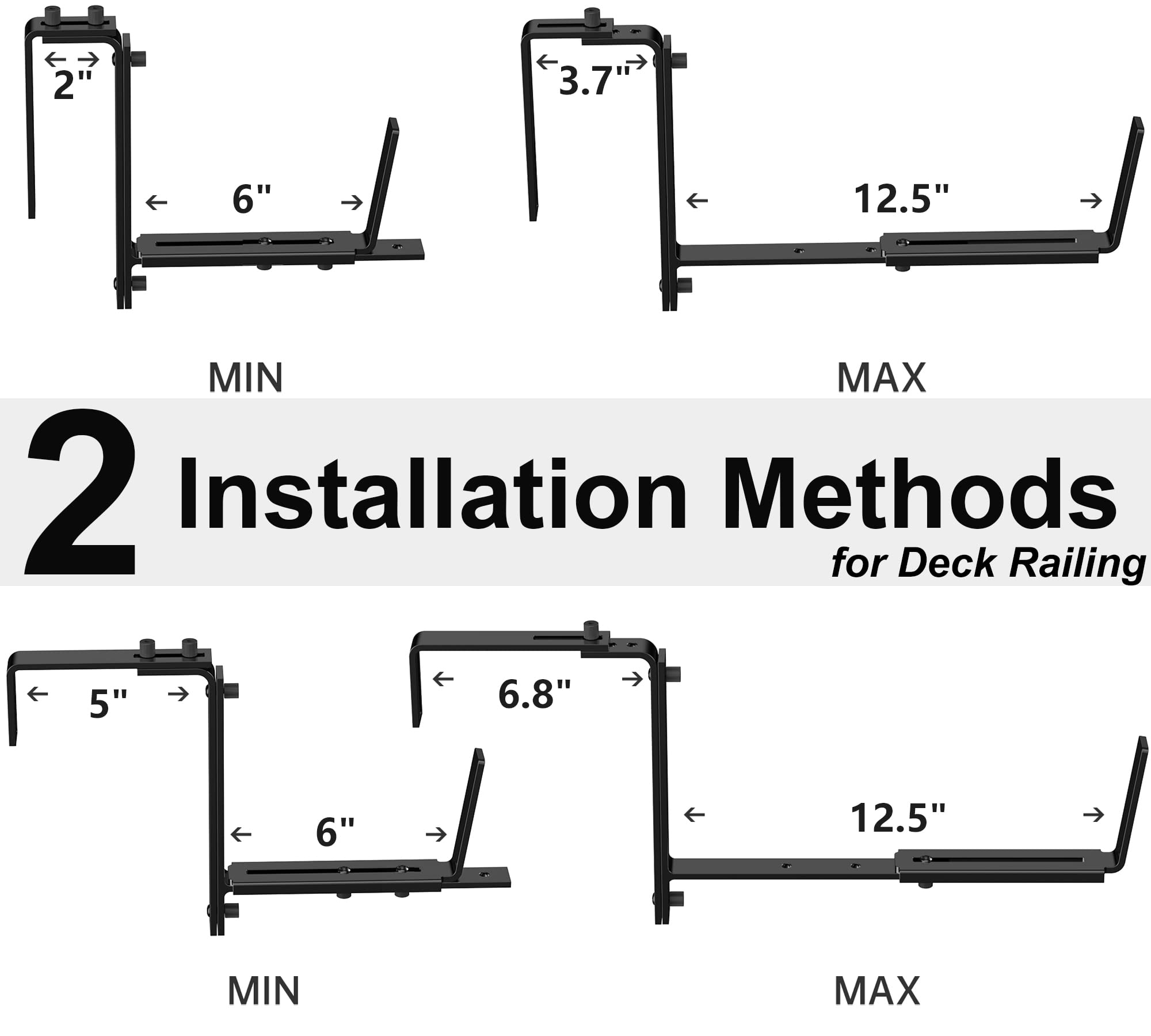 Y&M 4-Pack Adjustable Deck Railing Planter Box Brackets (6-12.5 Inch) - Heavy Duty Iron Window Box Hooks for Balcony, Fence, Patio & Garden - Black | Perfect for Hanging Flower Boxes on Railings, Walls & Outdoor Spaces