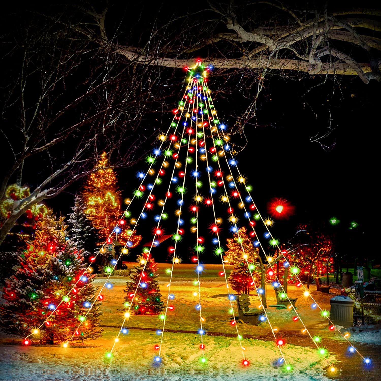 317 LED 16.4Ft Christmas Tree Star Lights Outdoor - 8 Lighting Modes Waterproof String Lights for Xmas Tree Topper, Holiday, Halloween, Birthday Party Decorations (Iron Frame, Multicolor) - Perfect for Indoor/Outdoor Christmas Decor, Garden, Patio, and Festive Celebrations