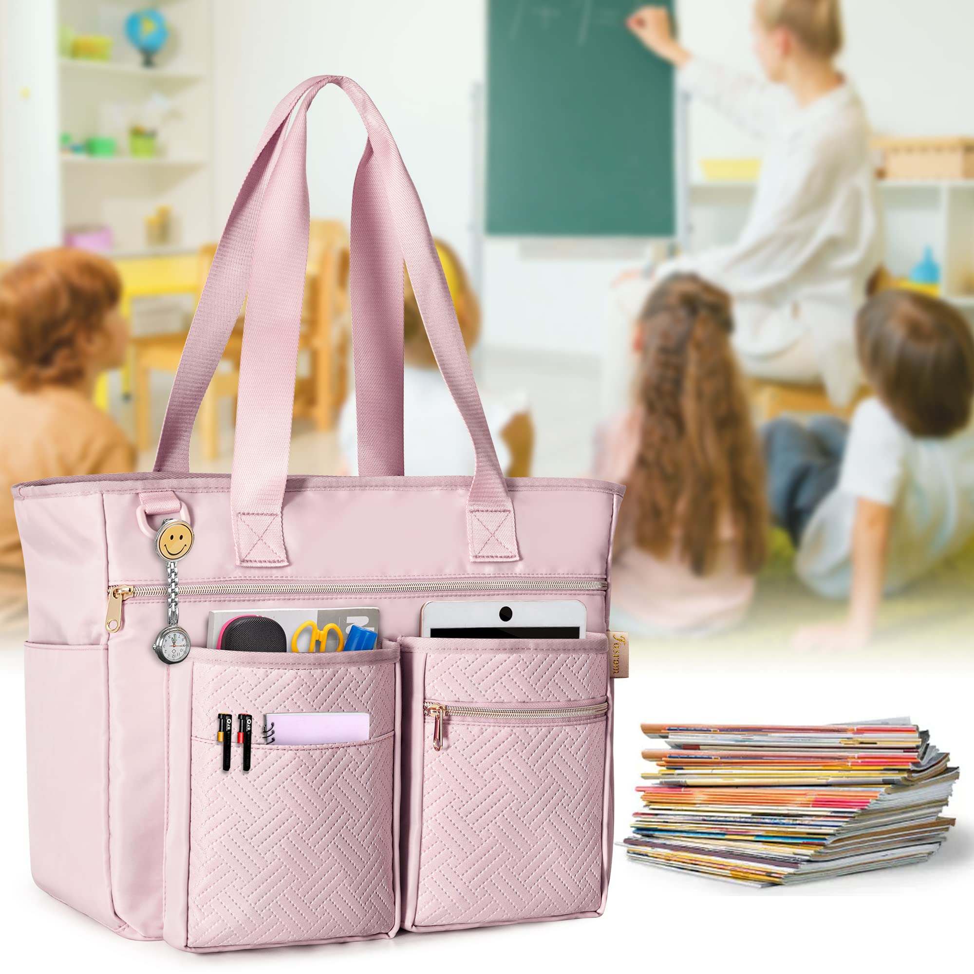 Professional Teacher Tote Bag for Women - Large Work Bag with Padded Laptop Compartment (Fits 14 Inch Laptop) & Multiple Pockets for School Supplies - Stylish Pink Patent Design - Perfect for Teachers, Professors & Educators (Classroom, Office, Commuting)