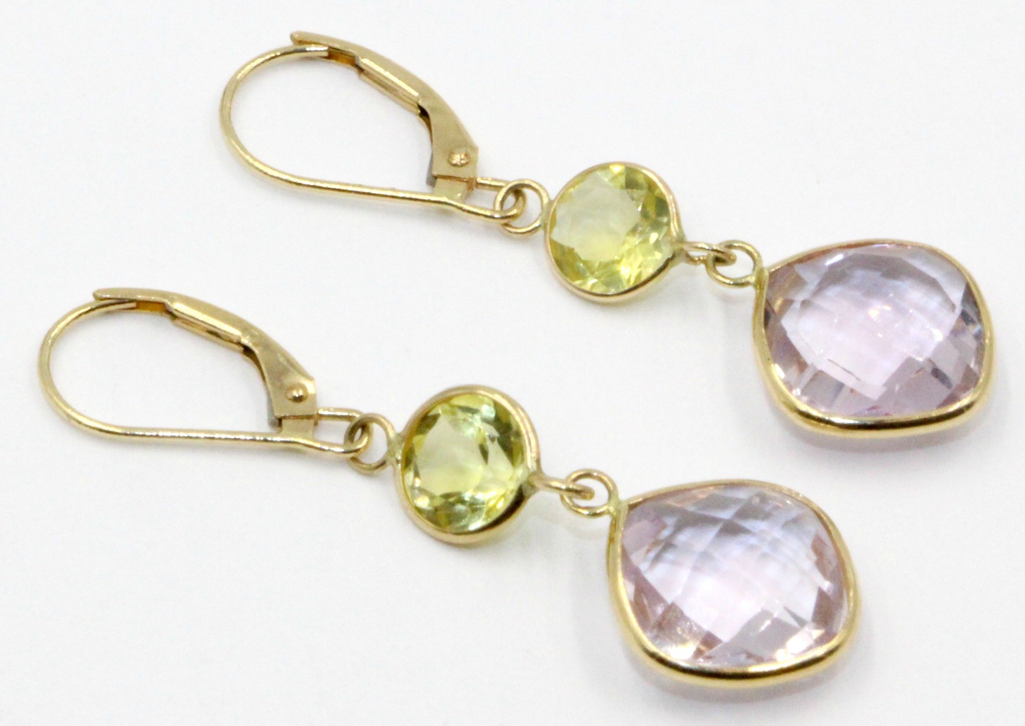 14K Yellow Gold Pink Amethyst & Lemon Quartz Drop Earrings - Dainty Leverback Hanging Earrings for Women, Perfect for Weddings, Parties & Special Occasions