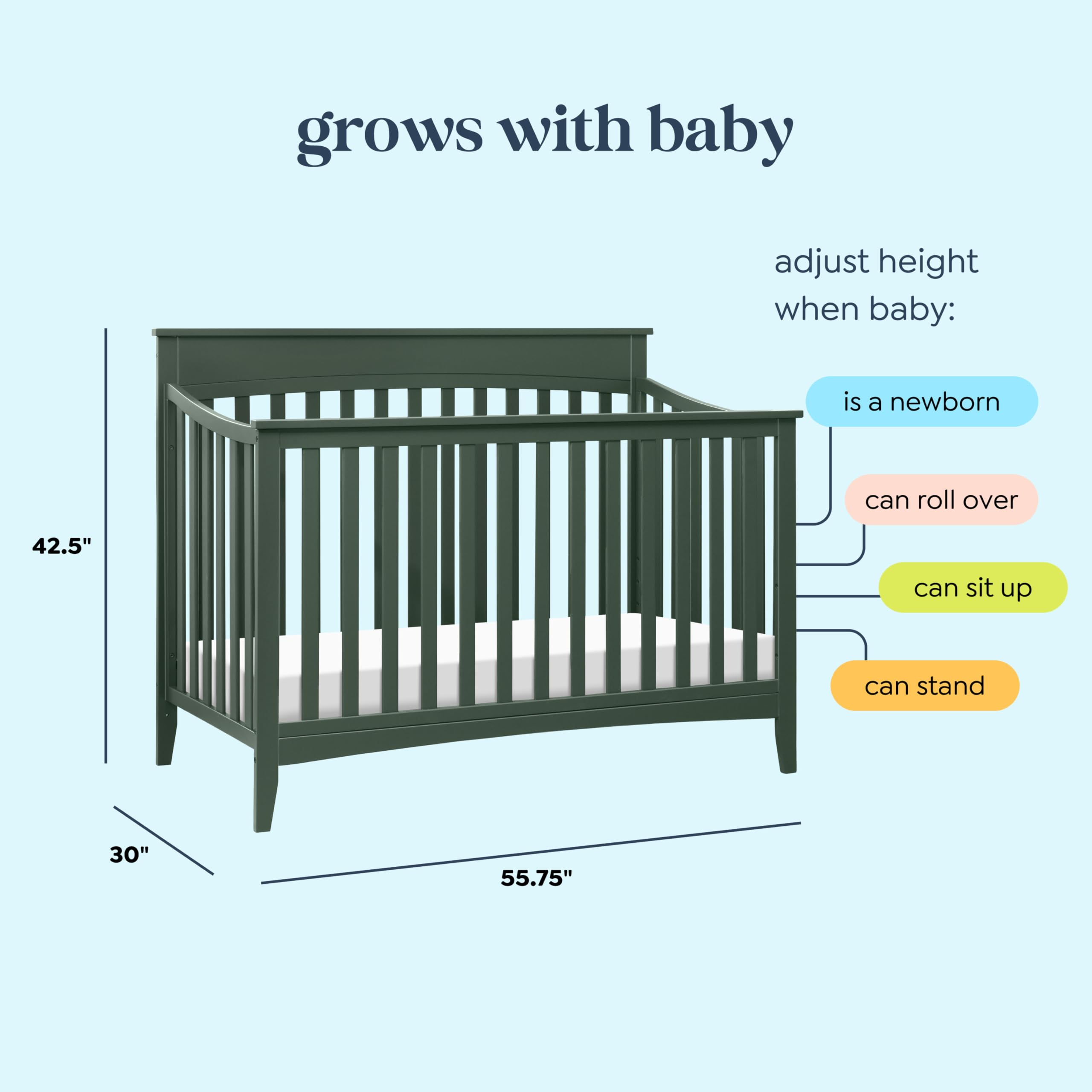 DaVinci Grove 4-in-1 Convertible Baby Crib - GREENGUARD Gold Certified, Converts to Toddler Bed, Daybed & Full Size Bed - Adjustable Height Wooden Crib in Forest Green - Perfect for Nursery, Bedroom & Growing Toddlers