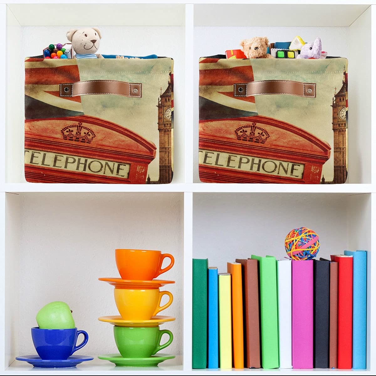 London UK Flag Telephone Booth Storage Bin Basket - Big Ben Union Jack Collapsible Storage Cube with Handles | Rectangle Storage Box for Shelf, Closet, Nursery, Bedroom & Home Office (1 Pack) | Perfect for British-Themed Decor & Kids Toy Organization