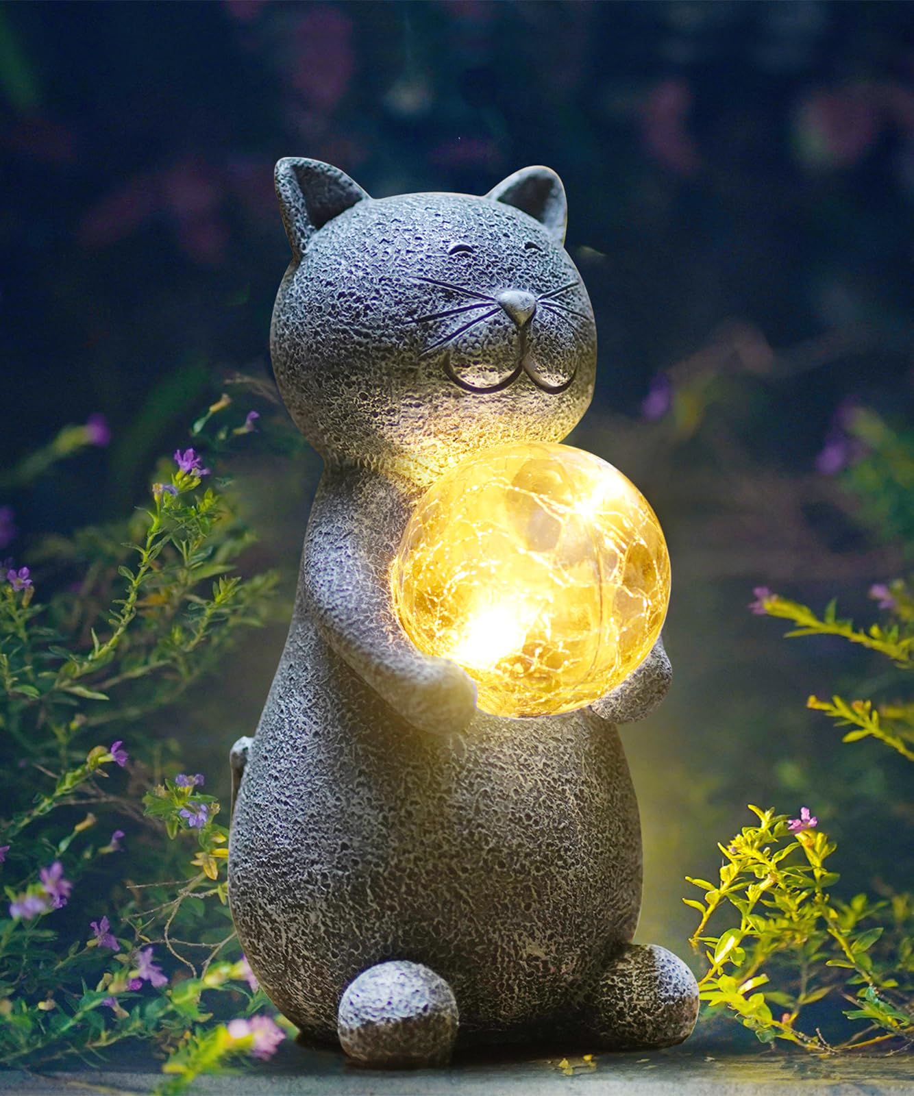 Solar Cat Statue with LED Lights - Outdoor Garden Decor, Gray Cat Figurine for Patio, Yard & Home - Perfect Gift for Mom, Grandma & Cat Lovers (Night Light & Landscape Decoration)