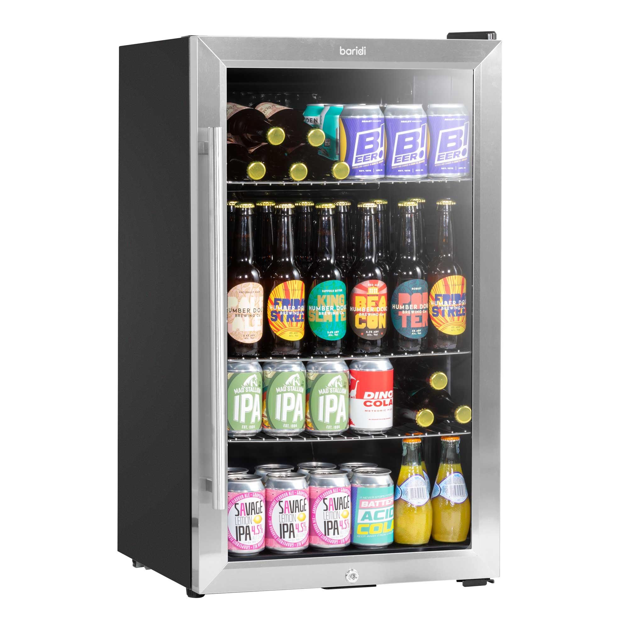 Baridi 85L Under Counter Beverage Refrigerator - Stainless Steel Beer & Wine Cooler with LED Light - Perfect for Home Bar, Kitchen, or Office Use