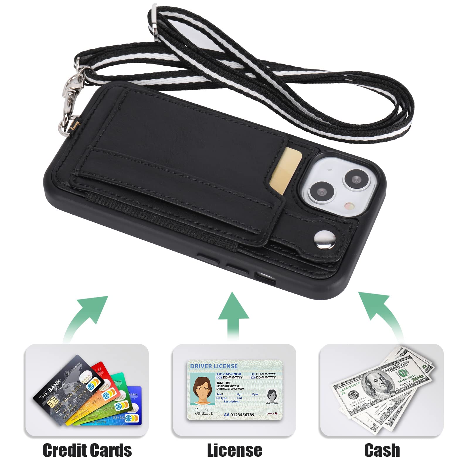 TOOVREN iPhone 13 Wallet Case with Card Holder & Phone Lanyard - PU Leather Protective Cover with Stand for iPhone 13 (6.1 Inch) - Black - Perfect for Everyday Use, Travel & Hands-Free Convenience (Men & Women)