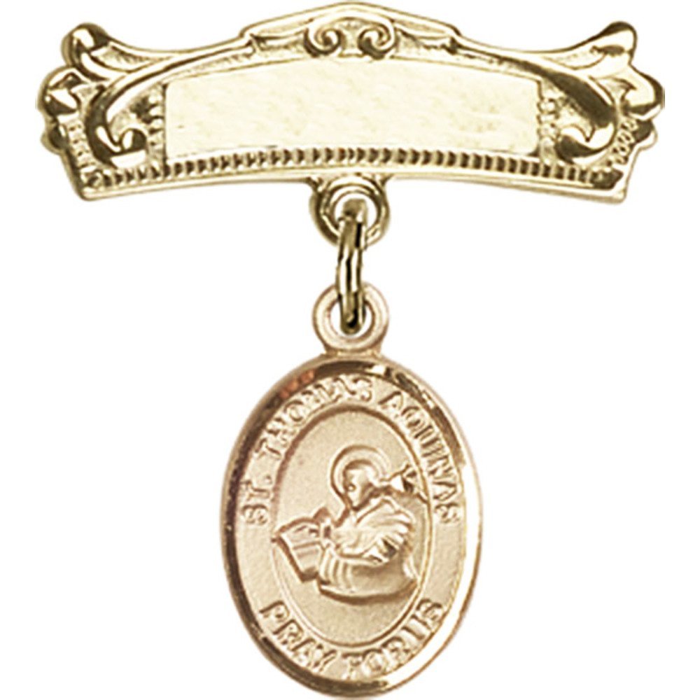 St. Thomas Aquinas Gold Filled Baby Badge - 7/8 X 3/4 Inch Arched Polished Charm Pin for Christening, Baptism & First Communion Gifts - Religious Jewelry for Infants & Toddlers