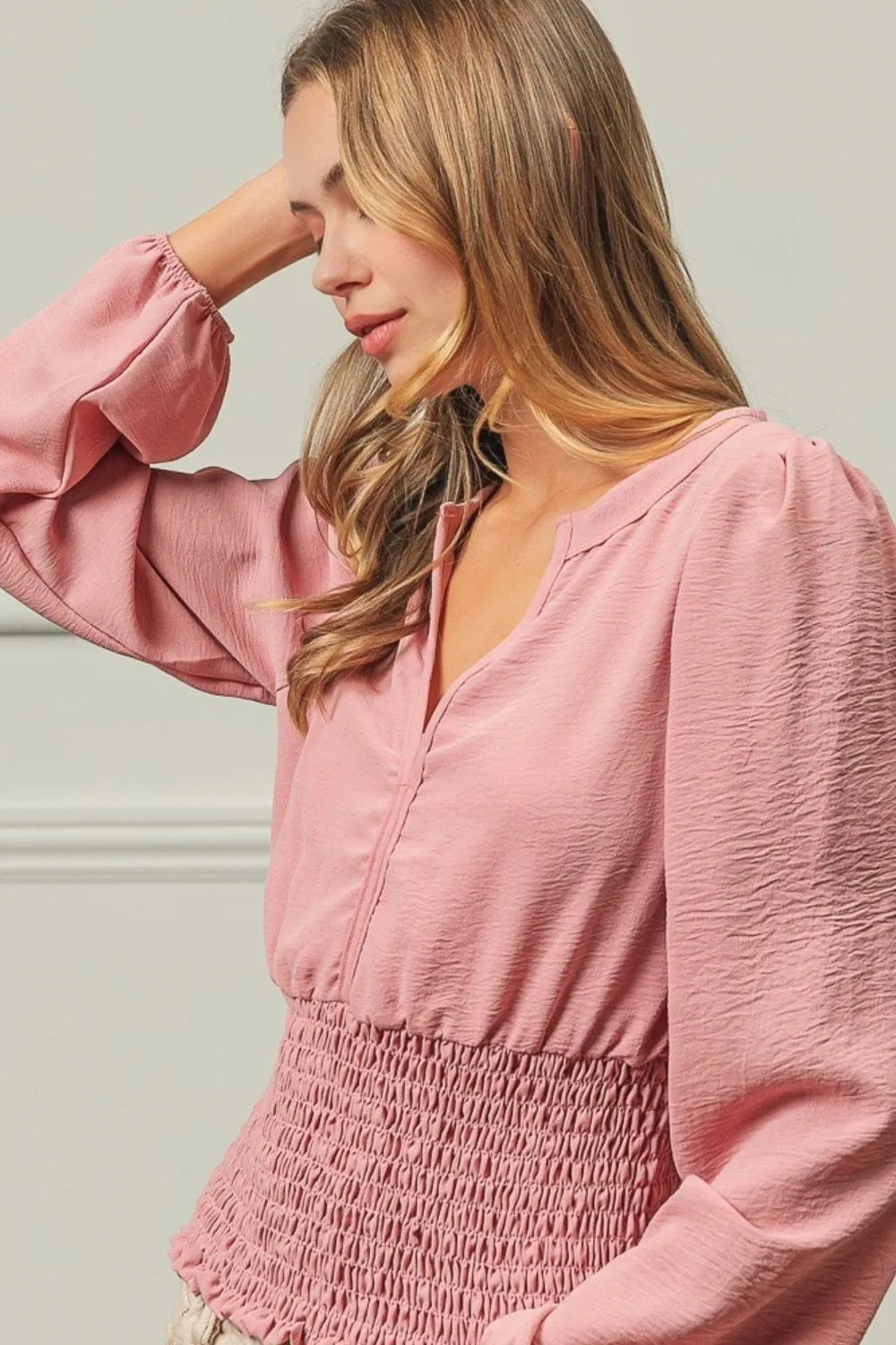 BiBi Smoking Waist Band & Puff Sleeves Deep V Neck Top - Women's Elegant Blouse for Party, Date Night & Special Occasions