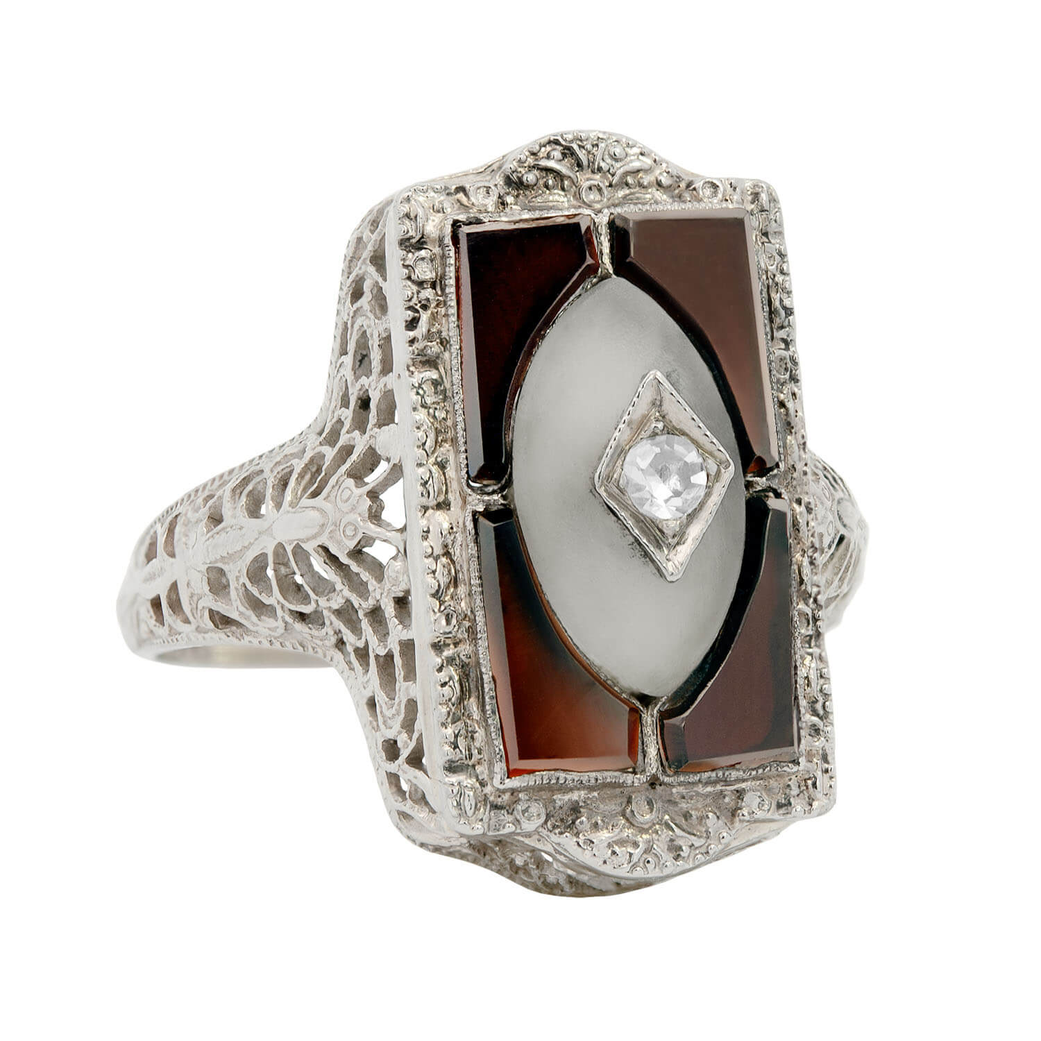 14K White Gold Art Deco Filigree Black Onyx Ring with Rose Cut Diamond - Vintage Inspired Jewelry for Weddings, Parties & Special Occasions