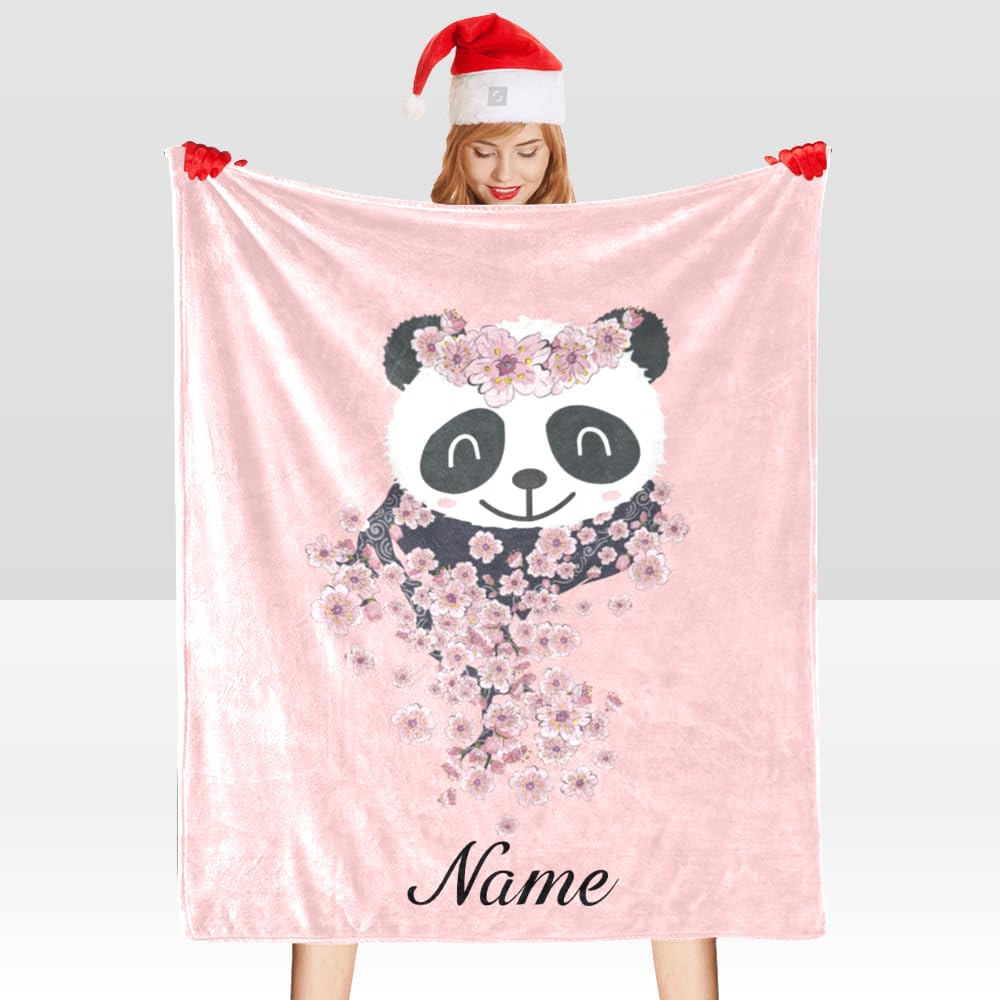 Personalized Cherry Blossom Panda Fleece Throw Blanket - Custom Name Text, Soft & Cozy 50x60 Inch Blanket for Adults, Gifts, Bedroom, Sofa & Outdoor Use
