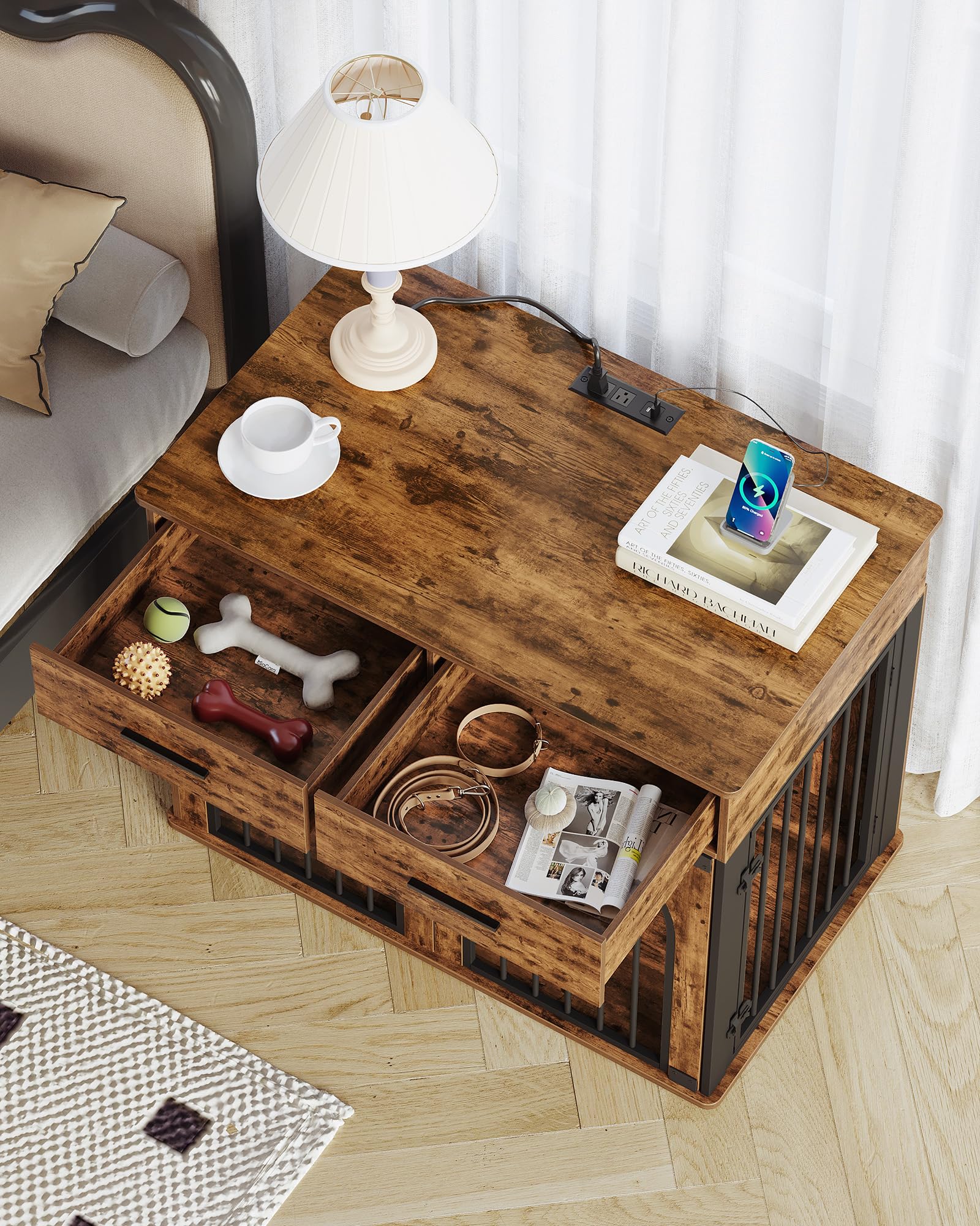 39.4'' Rustic Brown Wooden Dog Crate Furniture with 2 Drawers & Charging Station - Indoor Kennel for Medium/Large Dogs, Multi-Functional Side End Table - Perfect for Living Room, Bedroom or Office Pet Space
