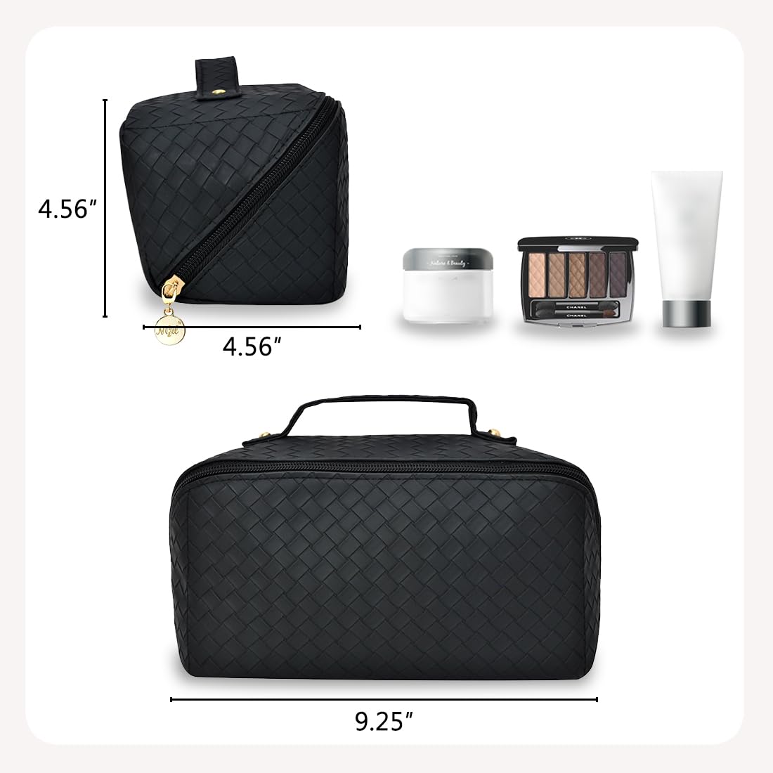 Travel Toiletry Bag for Women - Large Cosmetic Organizer with Mirror, Basket Weave Black - Perfect for Travel & Makeup Storage