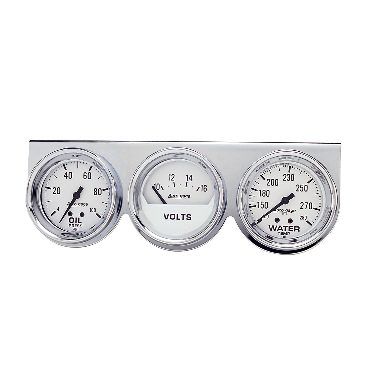Auto Meter 2329 Autogage Mechanical White Oil Pressure/Volt/Water Temperature Gauge Set with Chrome Console - Perfect for Car, Truck & Motorcycle Engine Monitoring