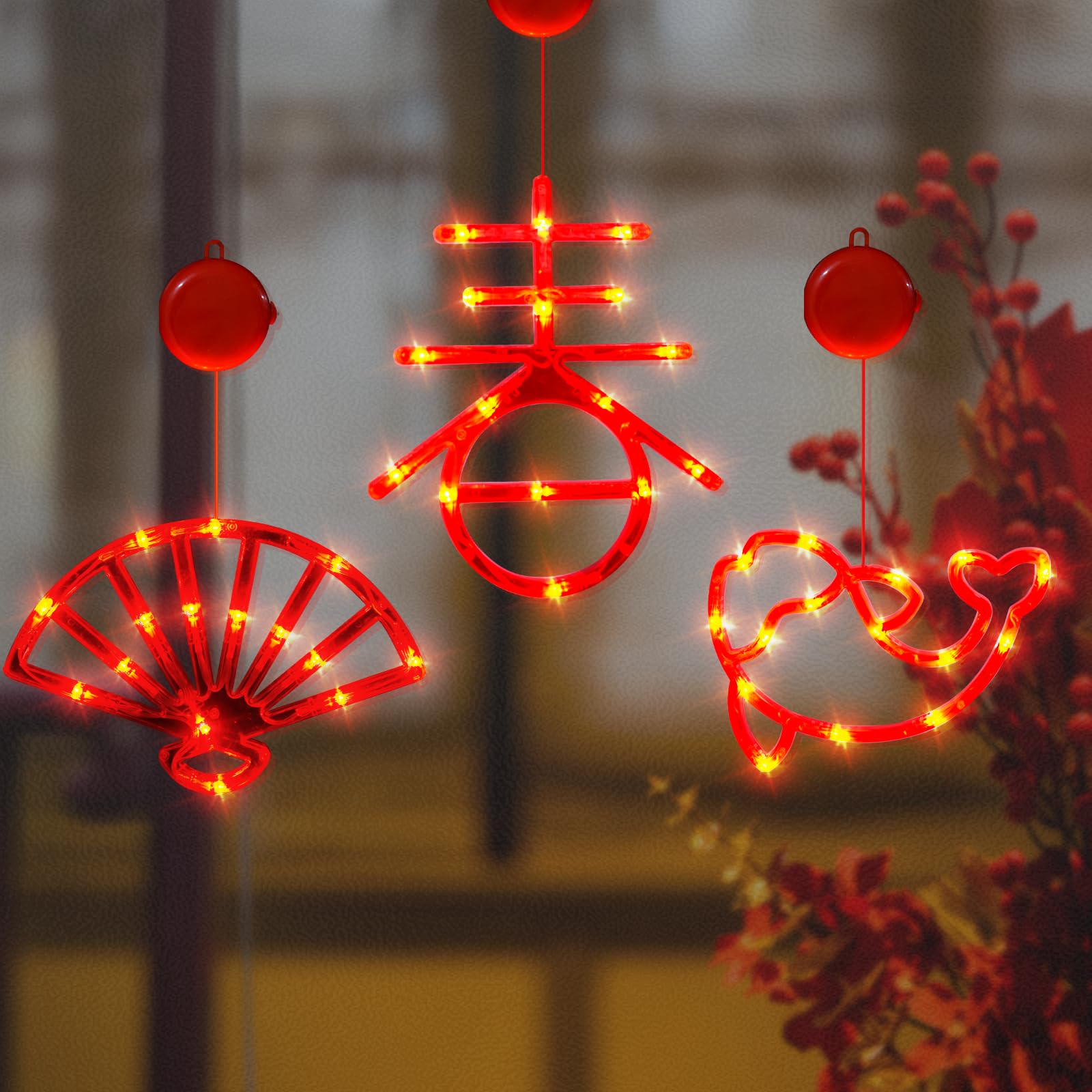 LOLStar 2025 Chinese New Year Decorations - 3 Pack Red Lunar New Year Window Lights with Chinese Fan, Spring (Chun) & Koi Fish Design | Battery Operated Hanging Lights with Suction Cups | Perfect for Spring Festival Home Decor, Party Supplies & Asian Holiday Celebrations