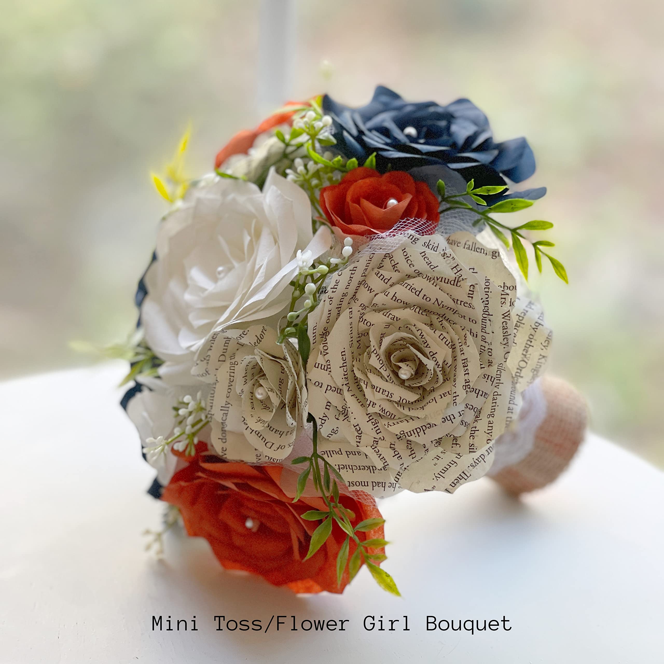 Burnt Orange Navy Blue White Paper Flower Bridal Bouquet - Handmade with Filter & Book Page Flowers for Wedding, Bridal Shower, Photo Props