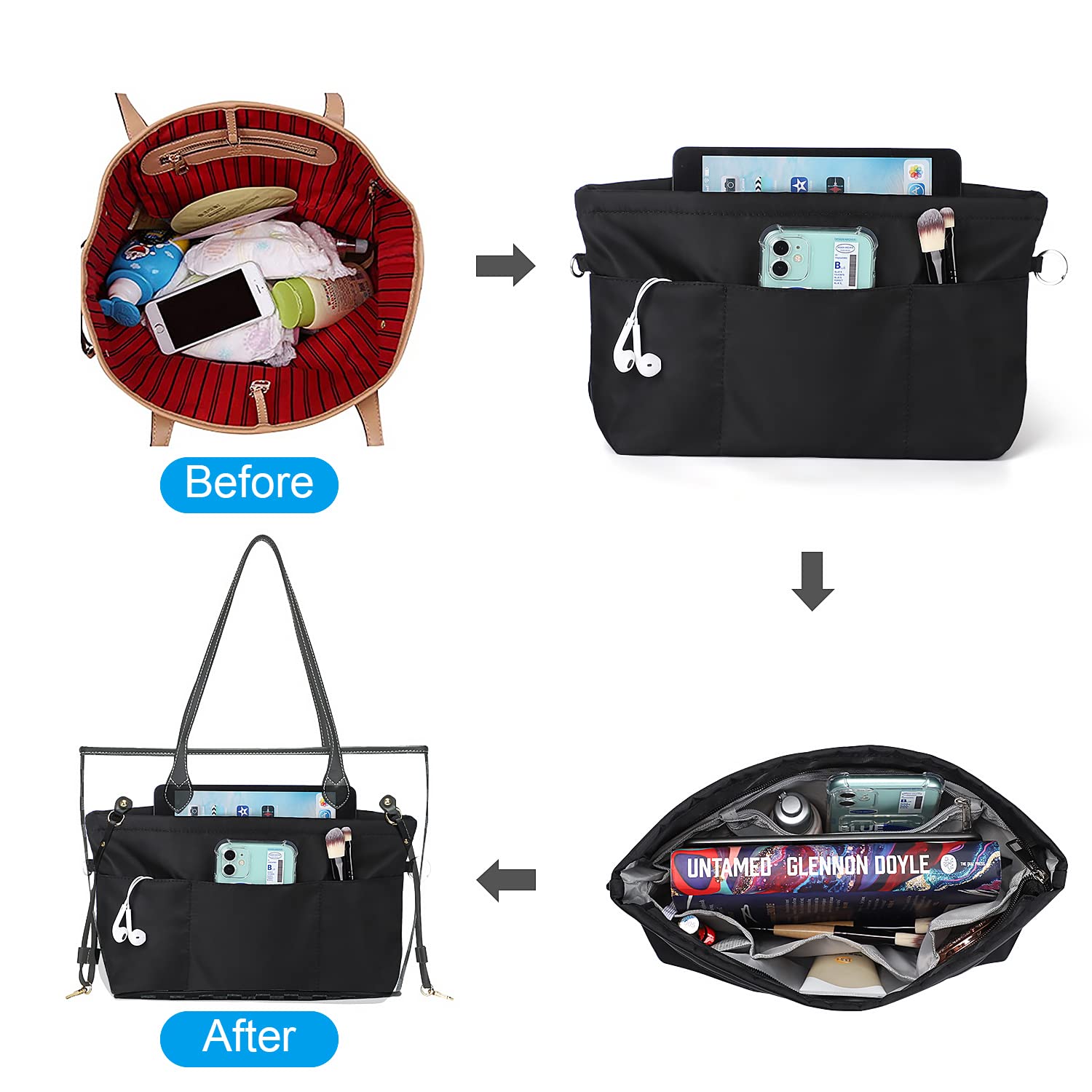 Sightor Handbag Organizer Insert - Large Nylon Purse Organizer for Tote Bags, Black | Keep Your Bag Neat & Organized | Perfect for Work, Travel & Daily Use