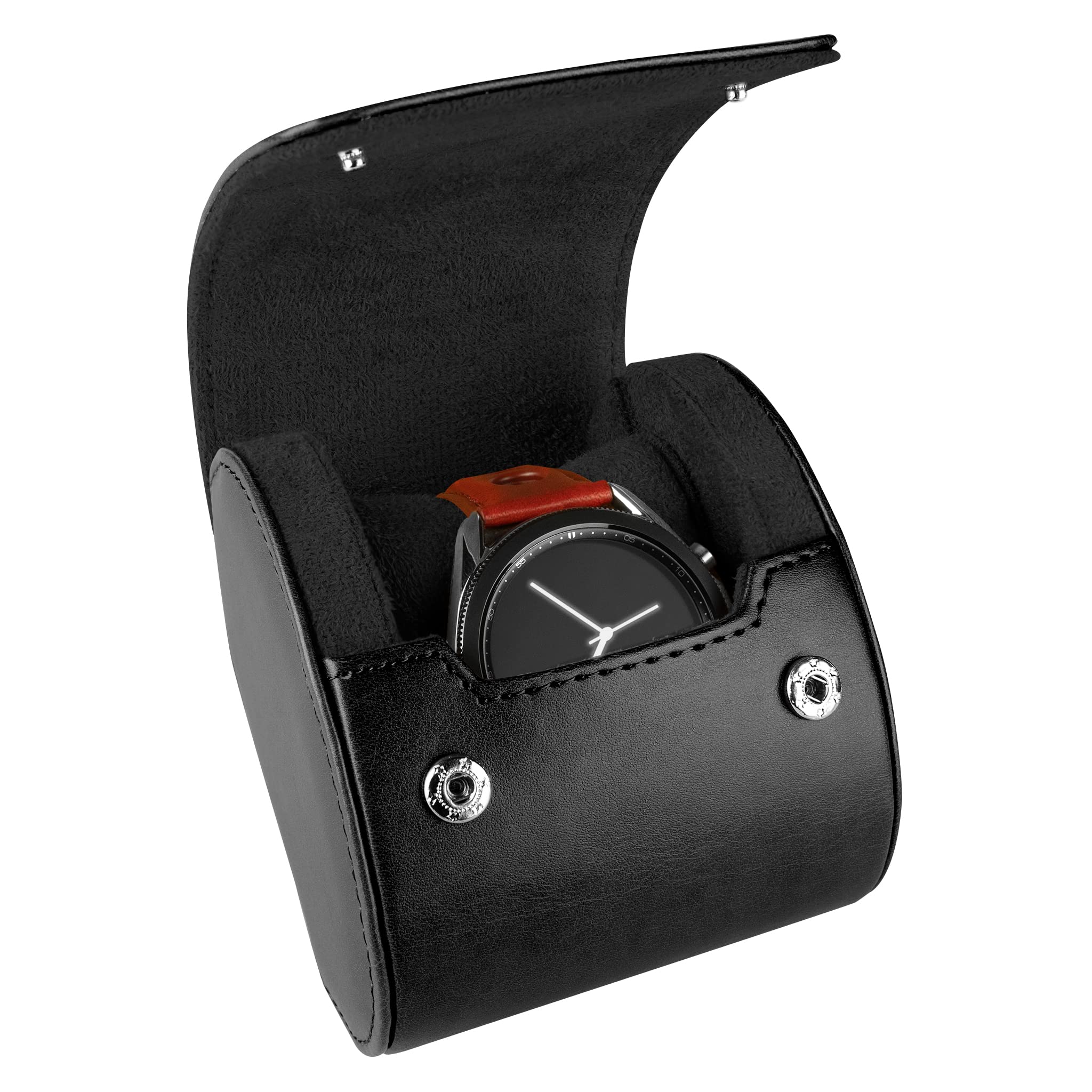 BARTON WATCH BANDS - Black Recycled Leather Watch Travel Case & Storage for Watch Bands - Compact 1 Watch Holder - Perfect for Travel, Business Trips & Watch Collection Organization