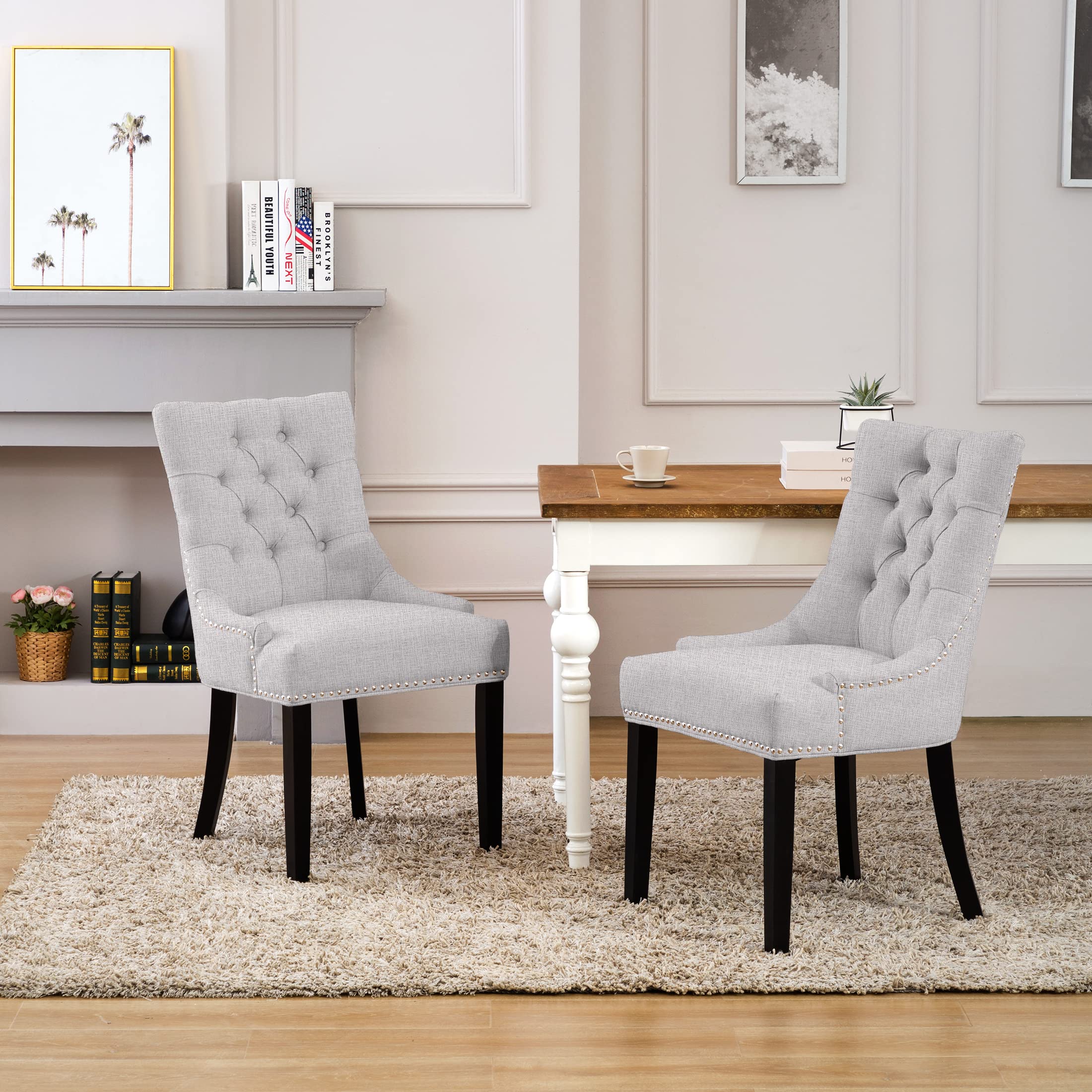 WestinTrends Hayes Upholstered Dining Chairs Set of 2 - Modern Wingback Button Tufted Kitchen & Dining Room Chairs with Solid Wood Legs, Linen Fabric in Light Gray - Perfect for Farmhouse, Contemporary & Small Space Dining Areas