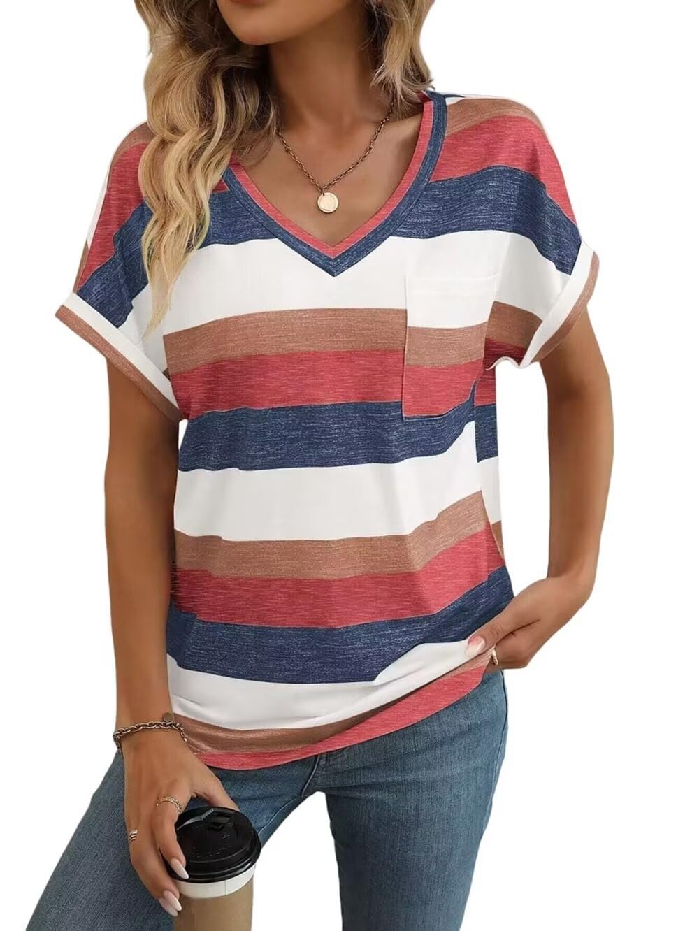 Women's Striped Colorblock V-Neck T-Shirt with Patch Pocket - Casual Short Sleeve Loose Fit Summer Top for Everyday Wear, Outings & Beach