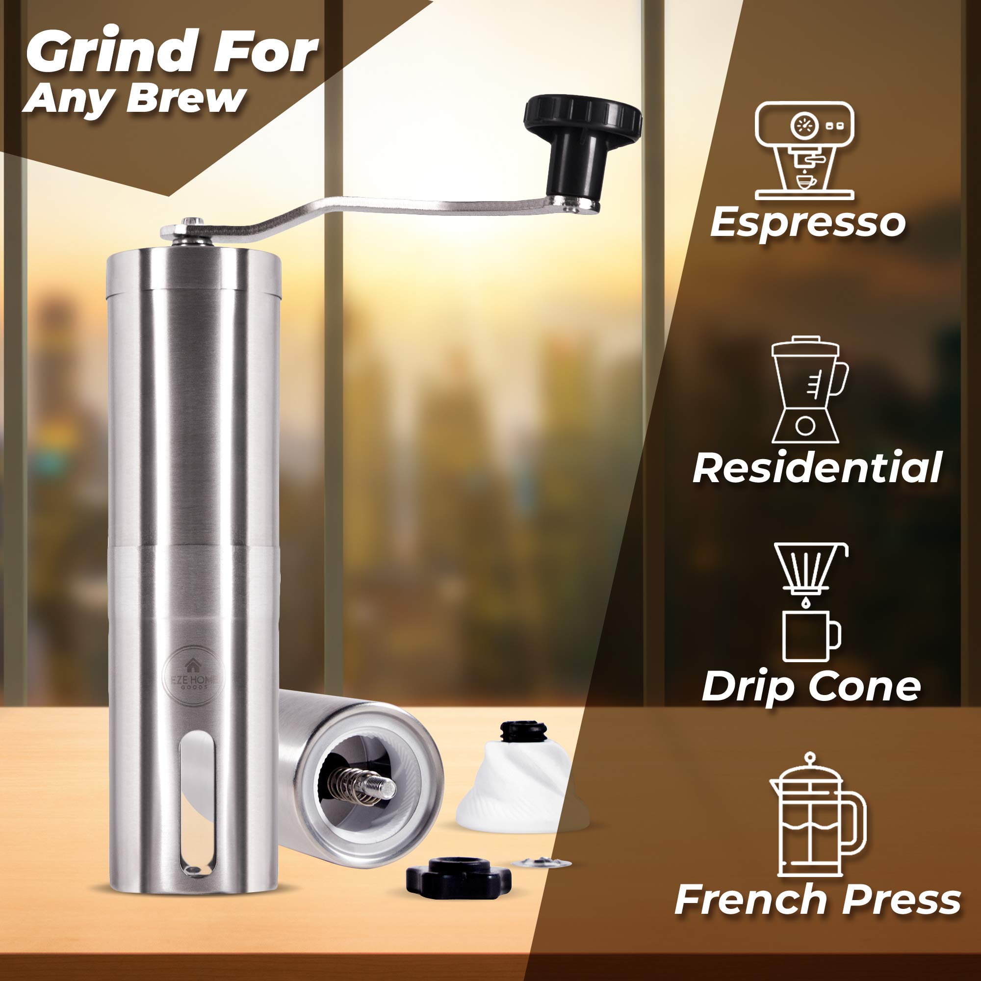 Premium Hand Coffee Grinder with Ceramic Conical Burr - Consistent Grind, Professional Grade Stainless Steel, Portable & Durable - Perfect for Home, Office, Travel & Camping Coffee Brewing