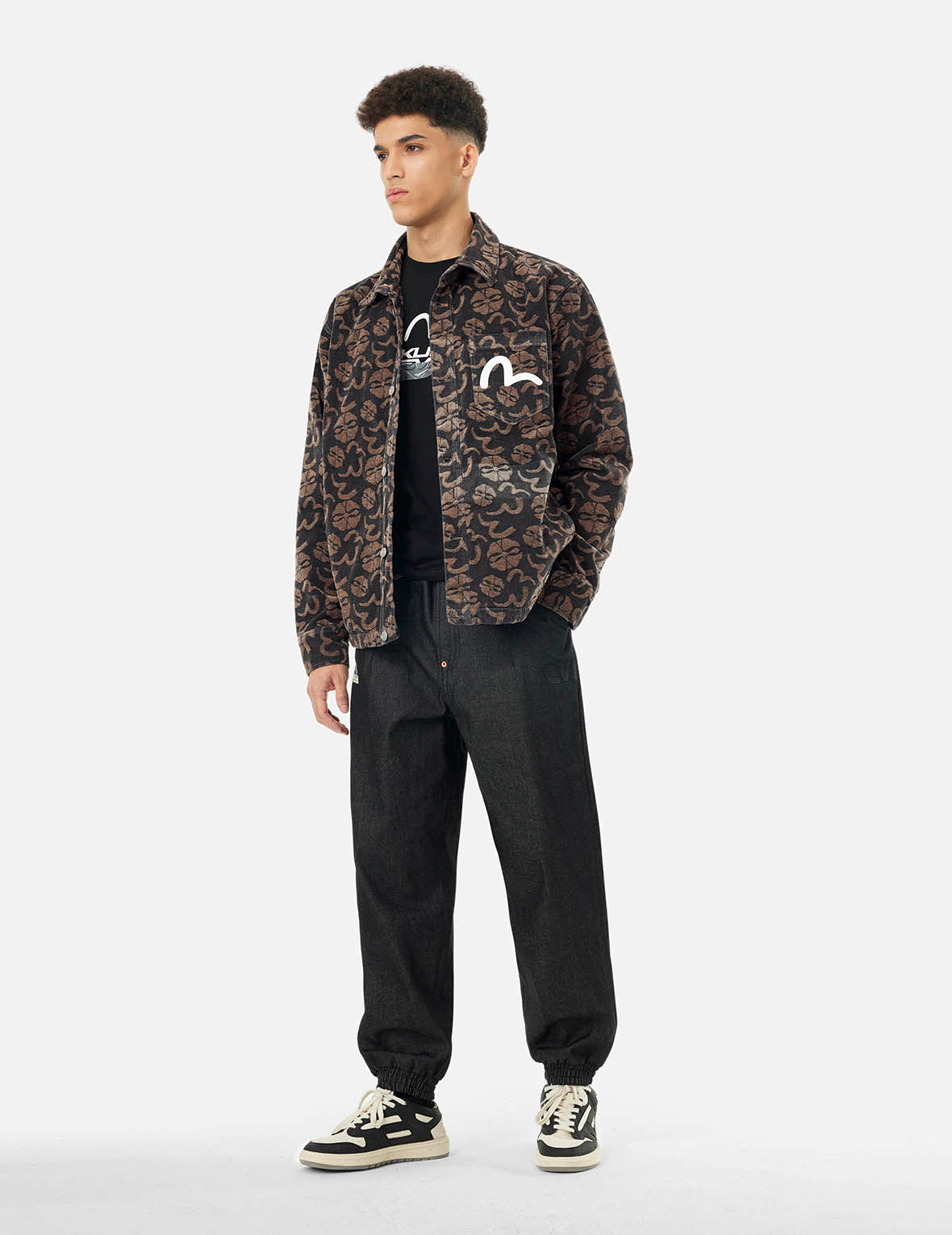 Stylish Allover Seagull & Kamon Jacquard Loose Fit Shirt Jacket for Men | Casual Oversized Button-Up Shirt Coat | Perfect for Beach Outings, Streetwear Fashion, and Layered Outfits