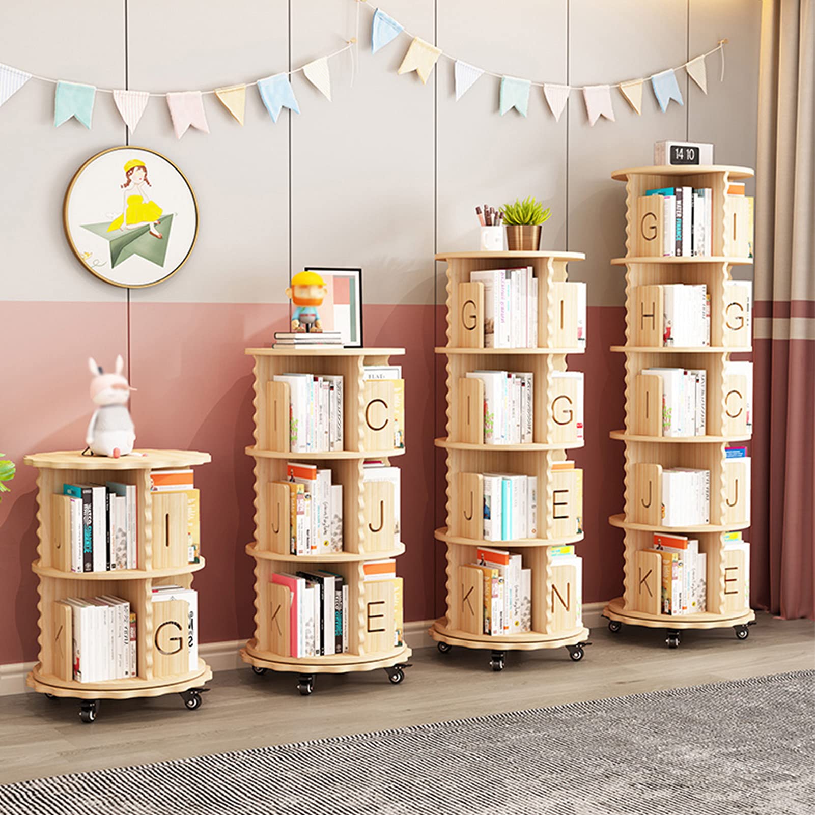 360° Rotating Solid Wood Bookcase with Removable Universal Wheels - Modern Revolving Book Storage Shelf for Home, Office, Kids Room - Perfect for Living Room Decor, Study Organization & Children's Book Display