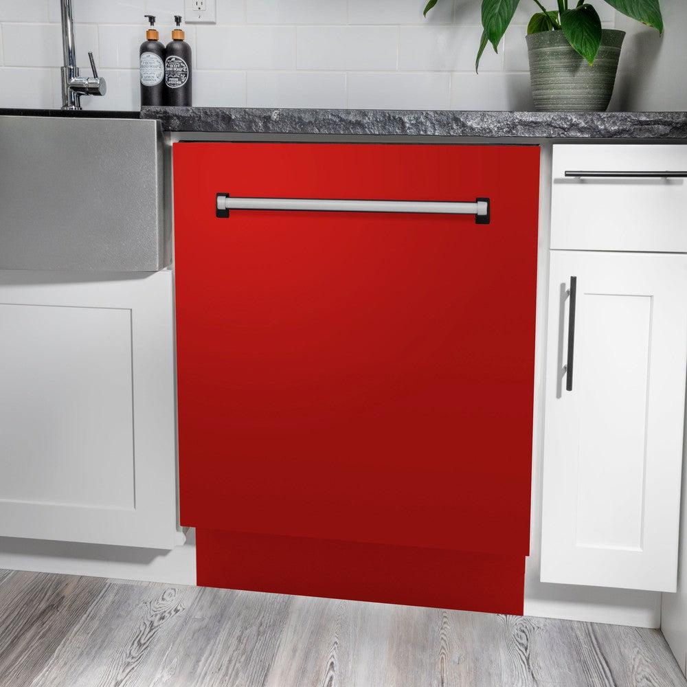 ZLINE 24 Inch Tallac Series 3rd Rack Dishwasher with Red Matte Panel & Traditional Handle - 51dBA Quiet Operation (DWV RM 24) - Perfect for Modern Kitchens & Open-Concept Homes