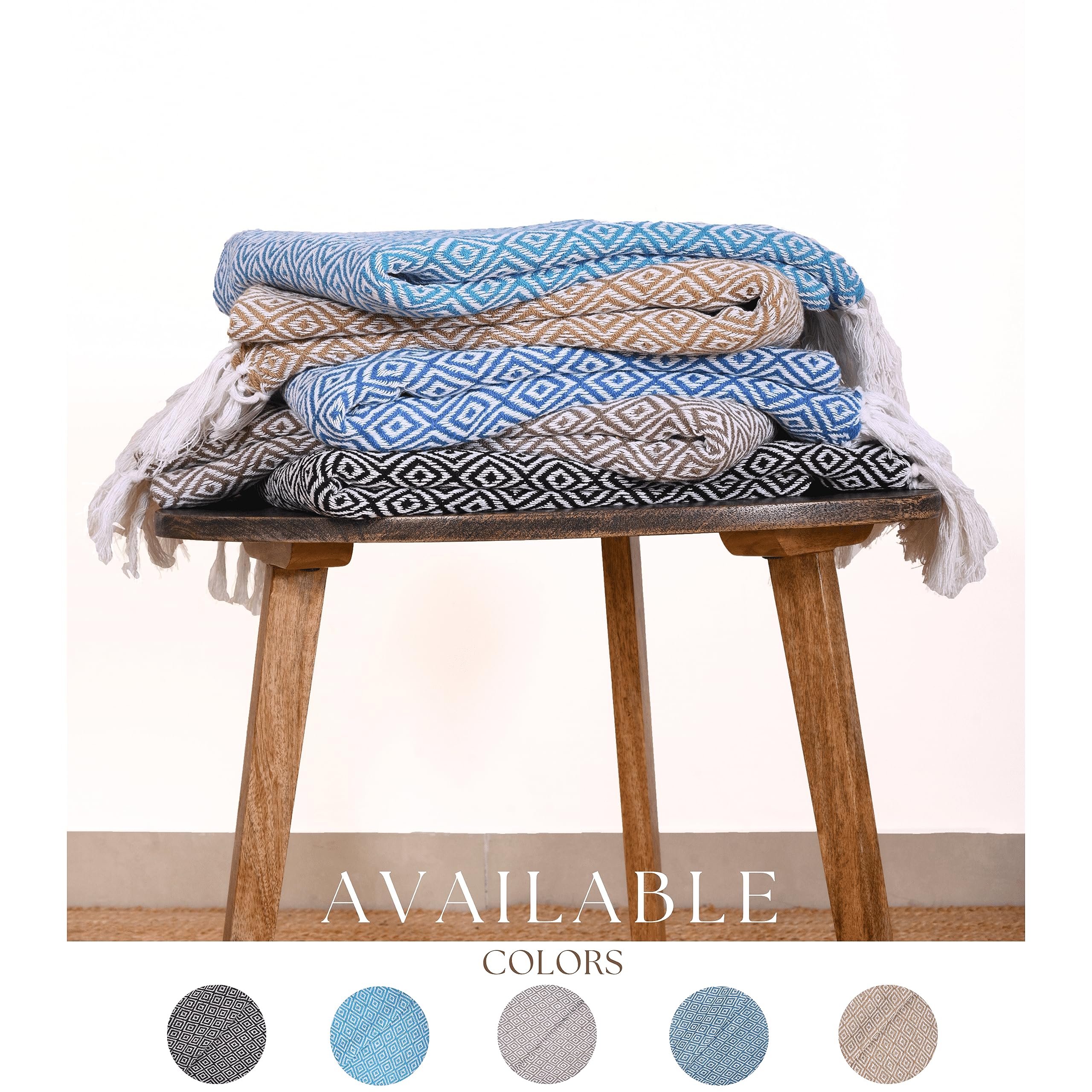 RAJRANG 50x60 Inches Soft 100% Cotton Boho Throw Blanket with Tassels - Farmhouse Decorative Blanket for Bed, Sofa & Couch in Caribbean Sea Blue - Perfect for Cozy Evenings, Home Decor & Gift Giving