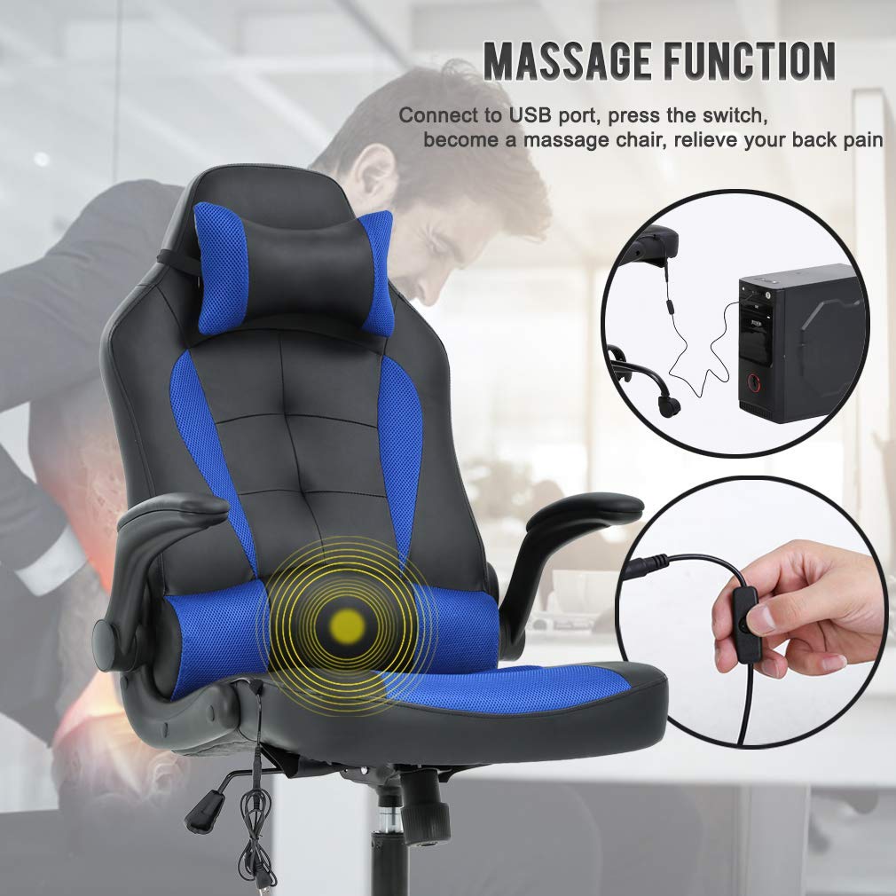 Premium Ergonomic Gaming Chair with Massage & Lumbar Support - Heavy Duty Racing Office Chair with Adjustable Flip-Up Arms & Headrest - Perfect for Home Office, Gaming Setup & Workstation - Blue