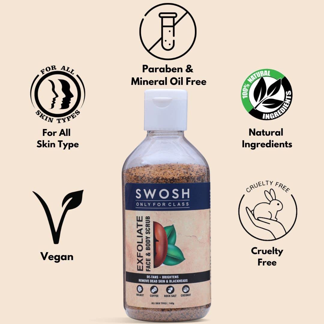 SWOSH Coffee Body Scrub for Women & Men - 140g Exfoliating Tan Remover for Face, Neck, Arms, Legs & Feet with Walnut, Rock Salt & Coconut Oil - Skin Brightening & Polishing Scrub for Spa Day & At-Home Skincare Routine